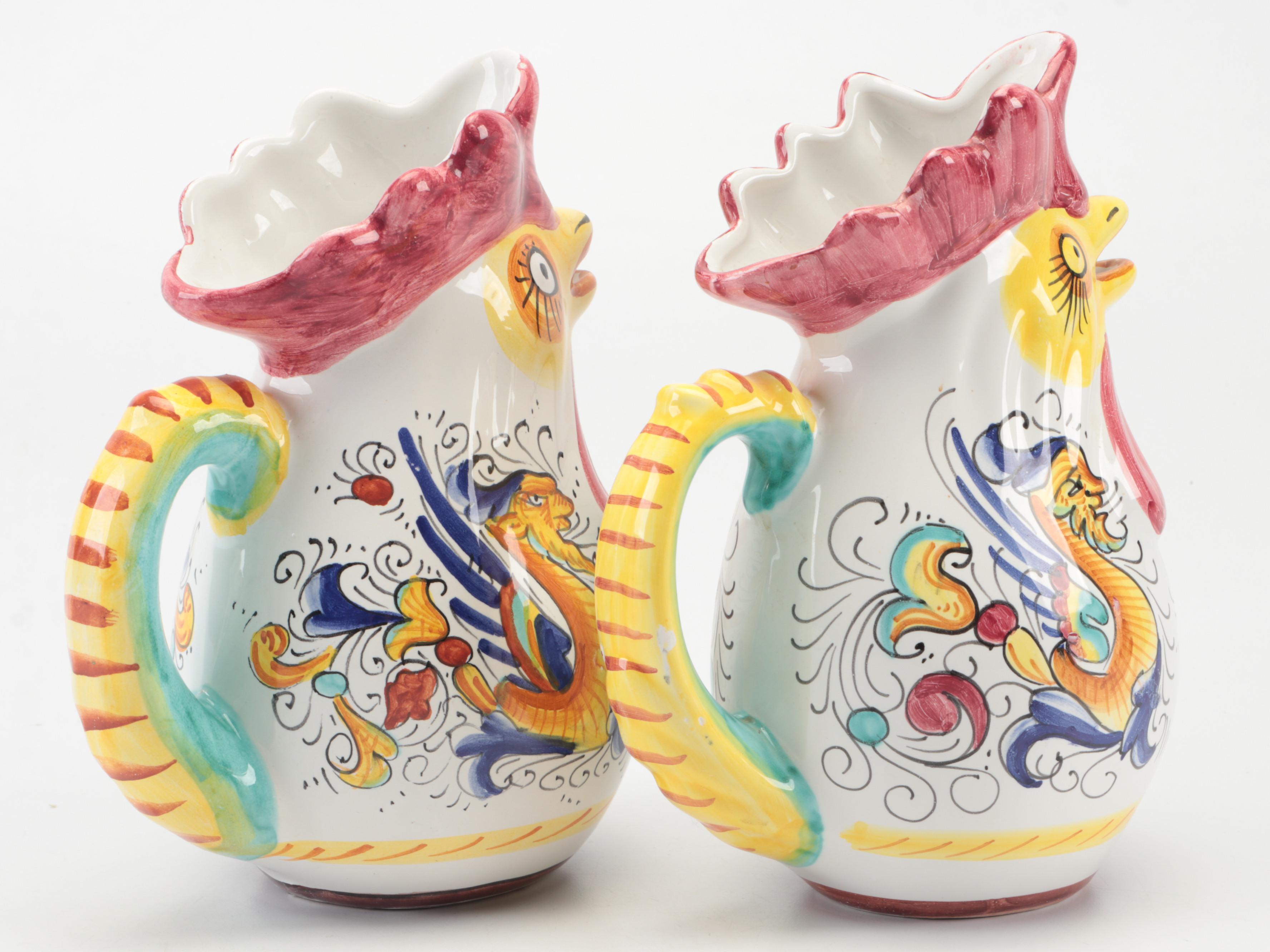 Deruta Italian Hand-Painted Ceramic Rooster Pitchers | EBTH