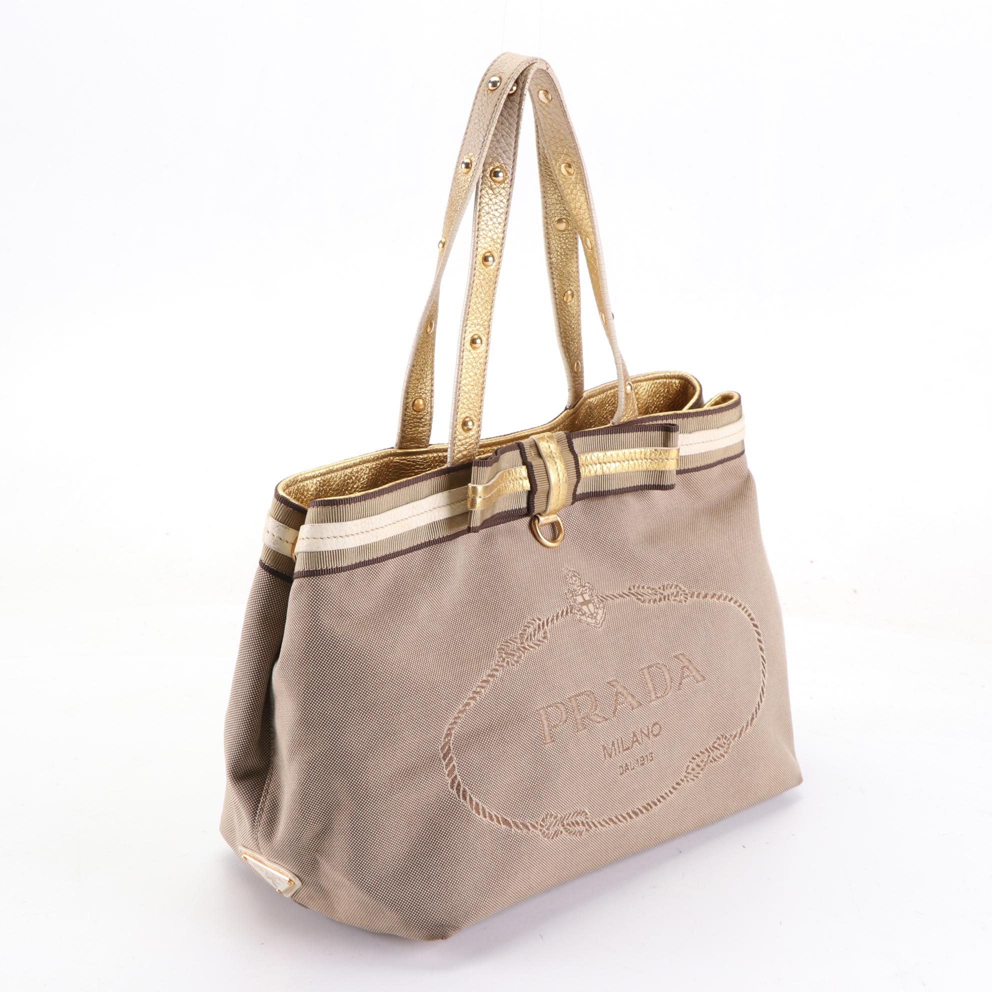 Prada Logo Shoulder Tote in Canvas with Webbing and Gold Leather Trim