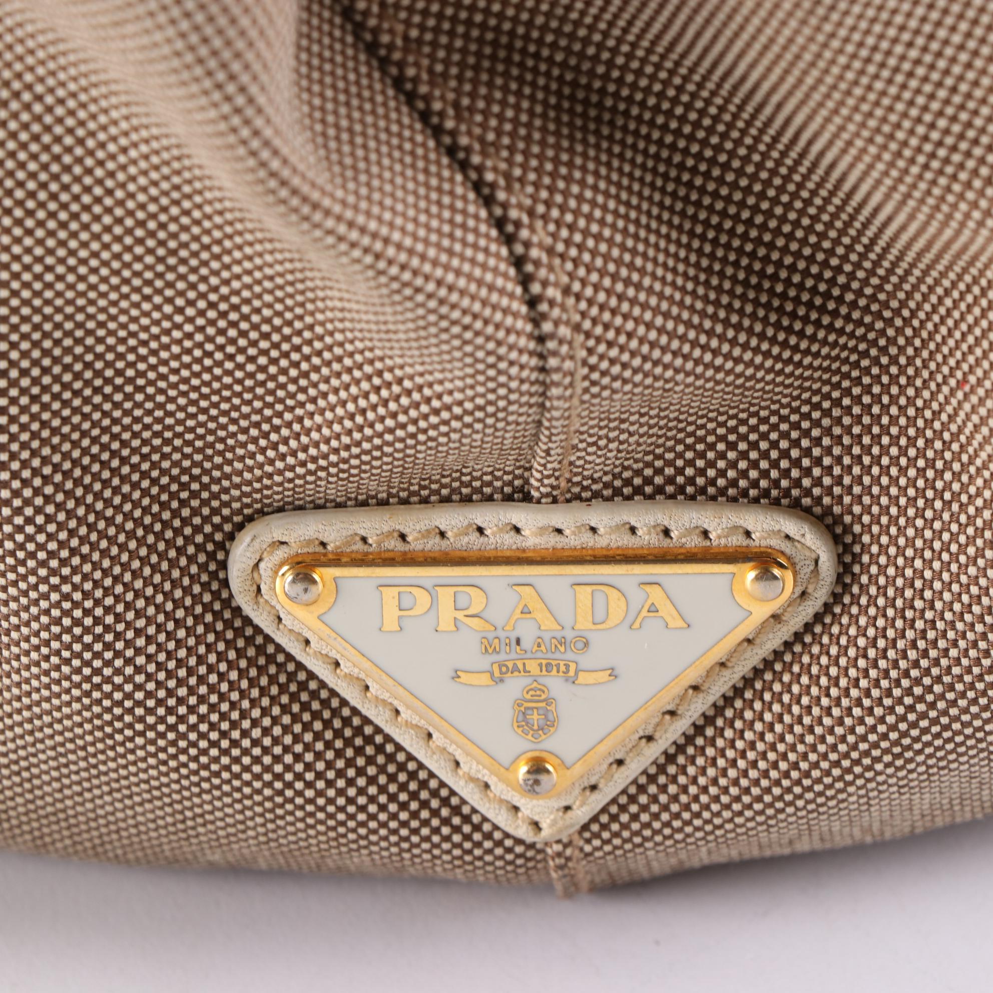 Prada Logo Shoulder Tote in Canvas with Webbing and Gold Leather Trim