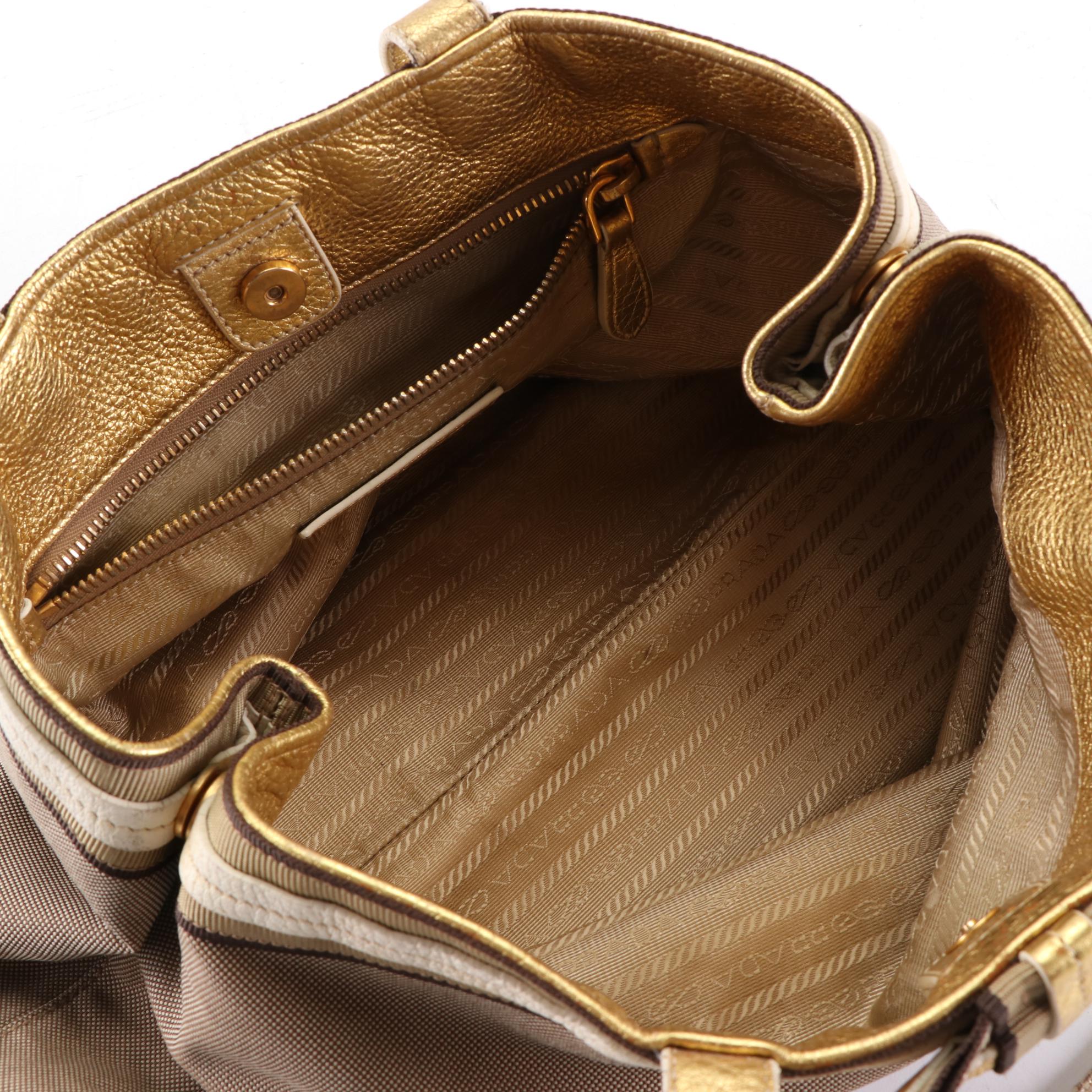 Prada Logo Shoulder Tote in Canvas with Webbing and Gold Leather Trim