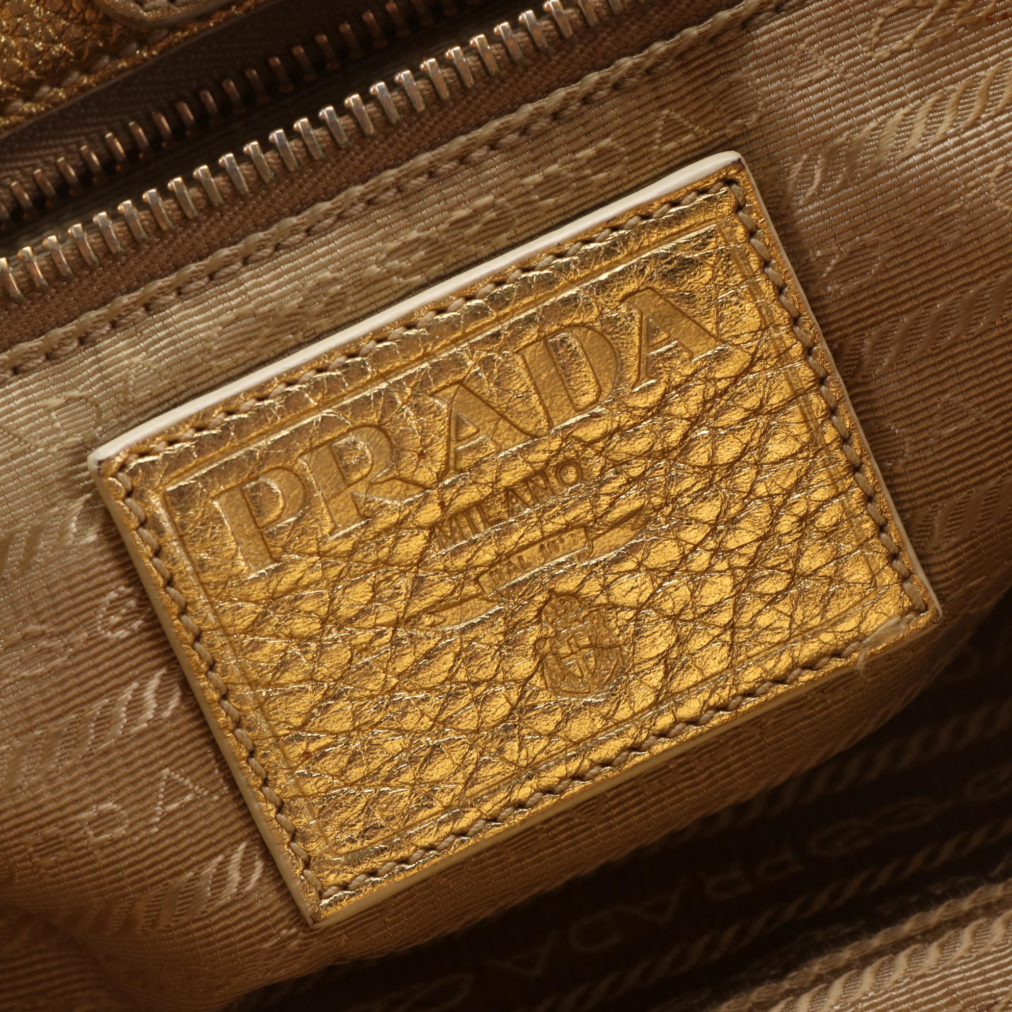 Prada Logo Shoulder Tote in Canvas with Webbing and Gold Leather Trim