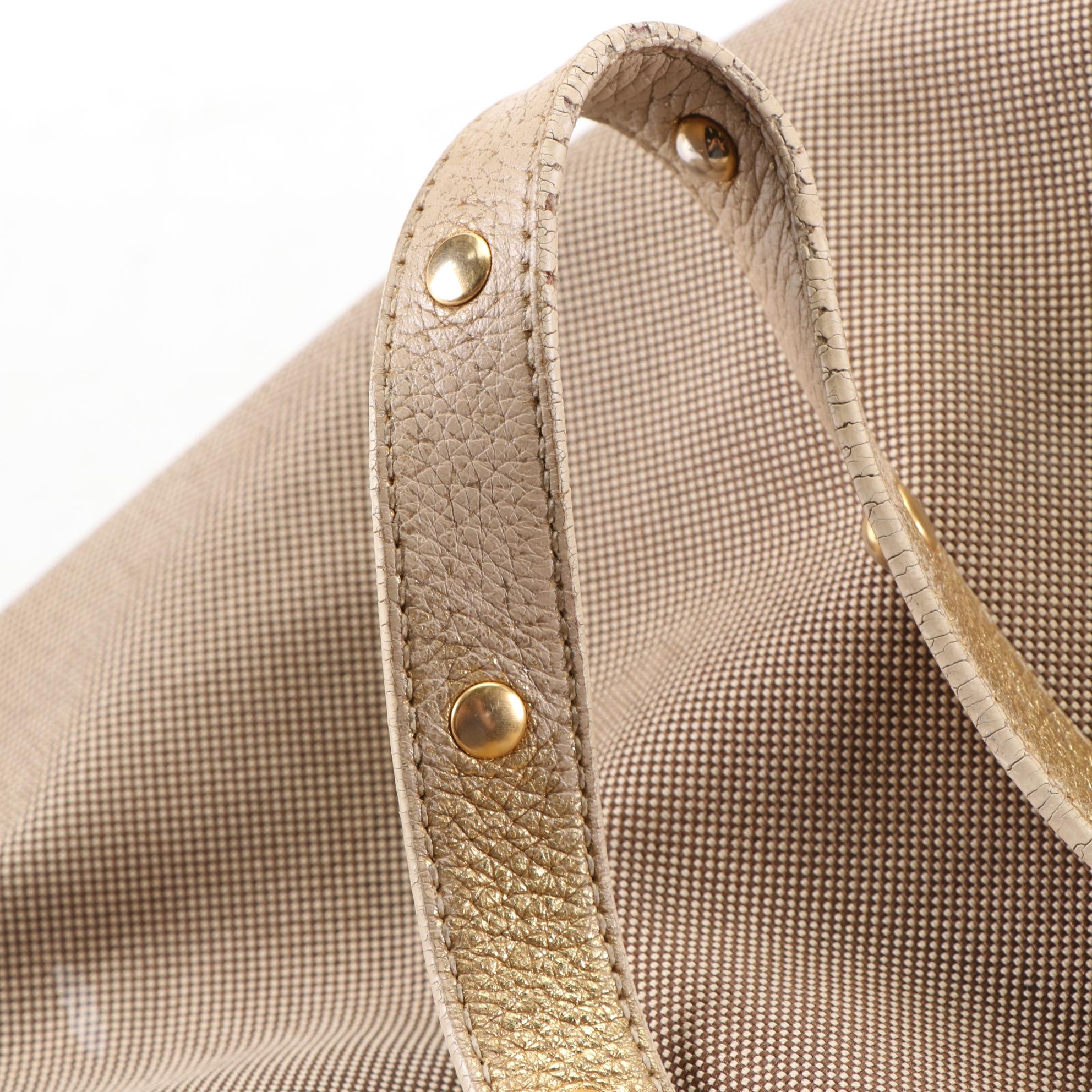 Prada Logo Shoulder Tote in Canvas with Webbing and Gold Leather Trim