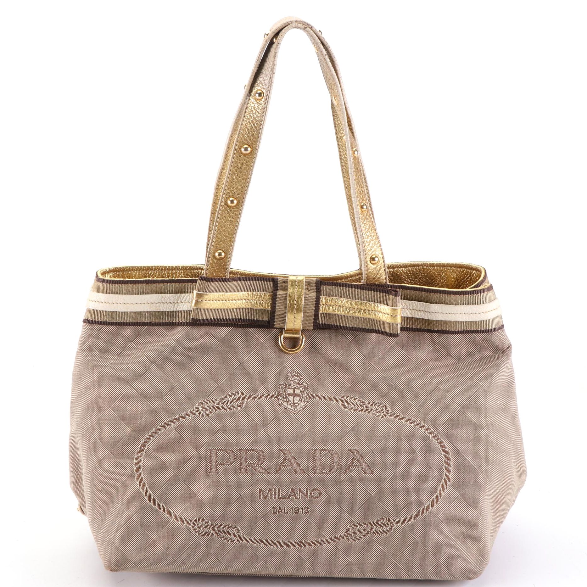 Prada Logo Shoulder Tote in Canvas with Webbing and Gold Leather Trim