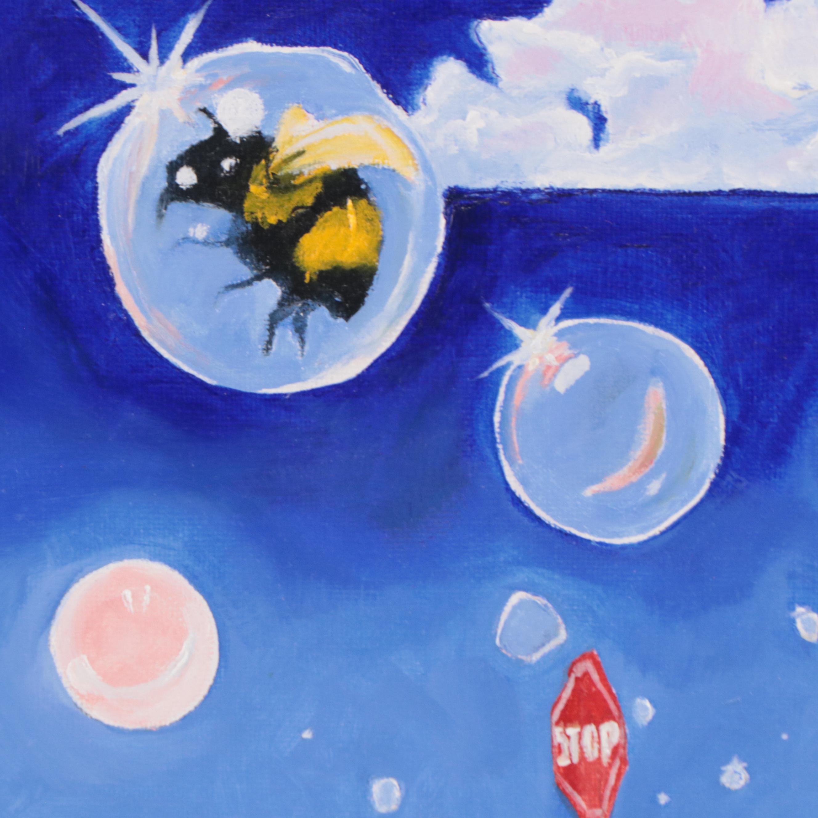 Brian Johnpeer Surreal Oil Painting on Board with Alien Blowing Bubbles