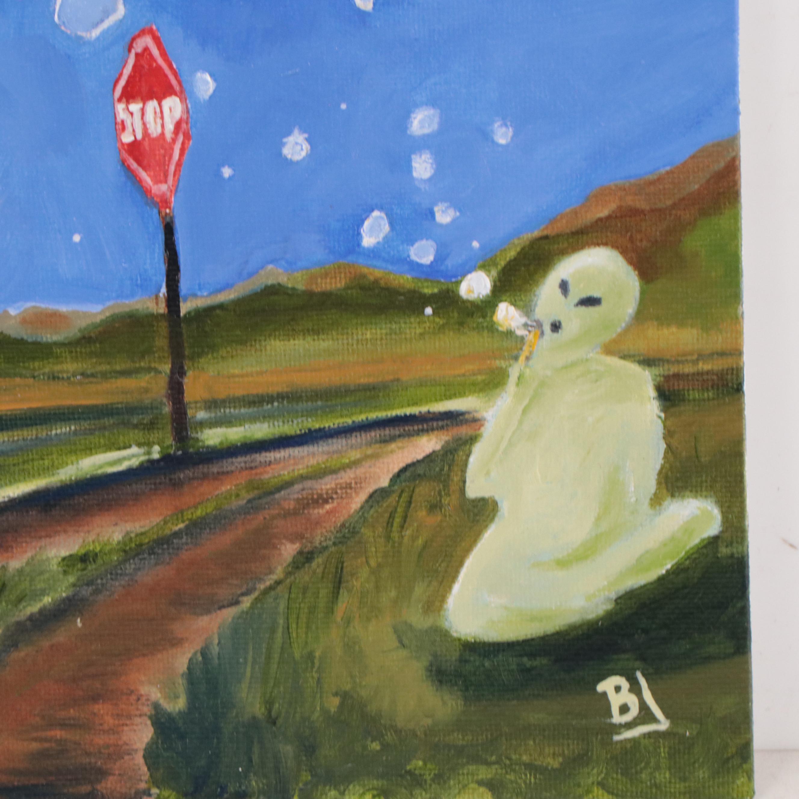 Brian Johnpeer Surreal Oil Painting on Board with Alien Blowing Bubbles
