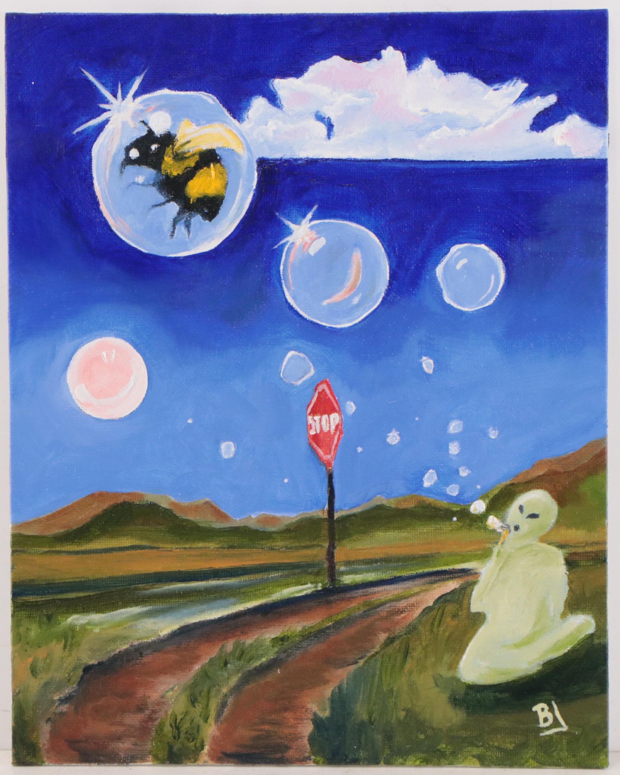 Brian Johnpeer Surreal Oil Painting on Board with Alien Blowing Bubbles