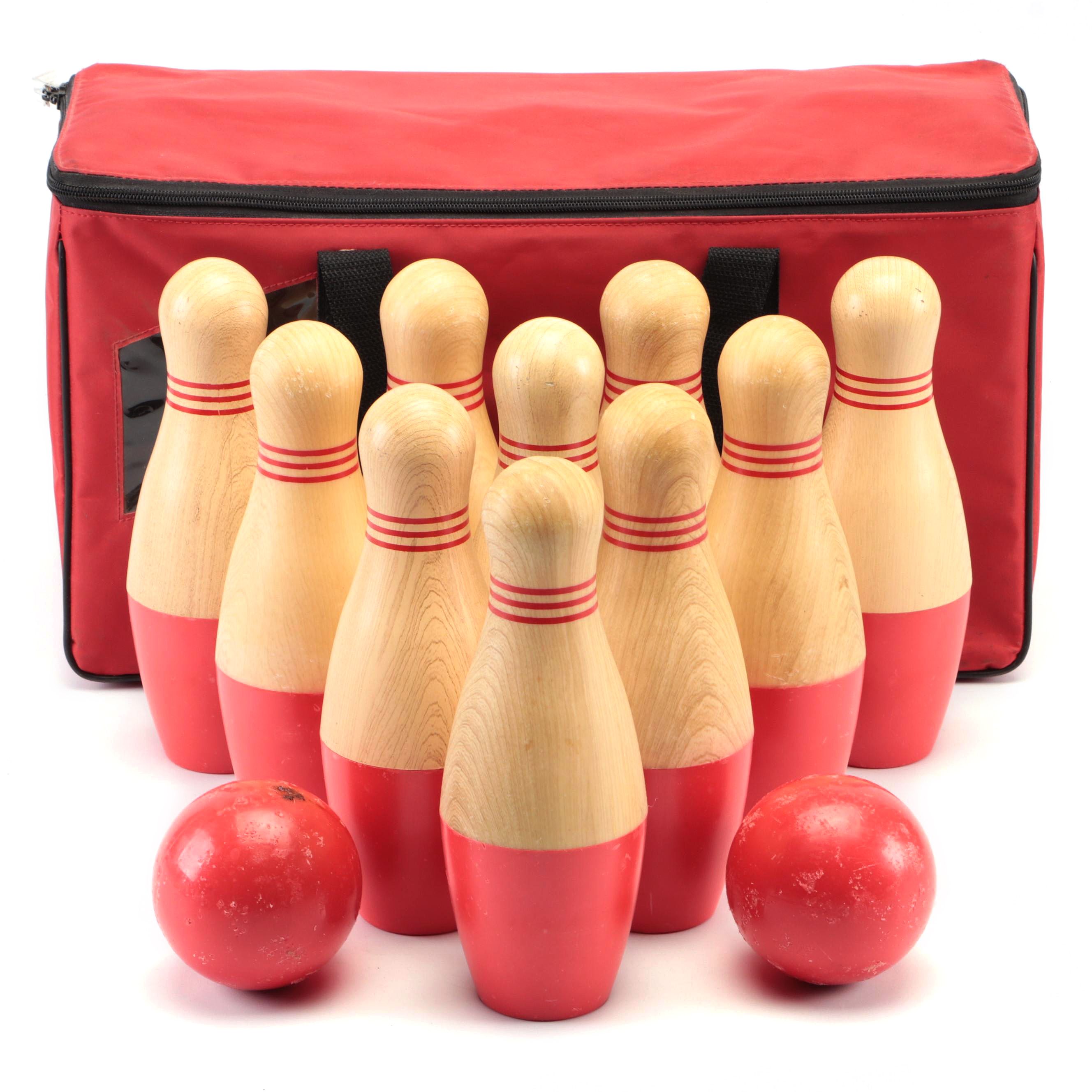 Ash Wood and Red Acrylic Lawn Bowling Pins and Balls With Case