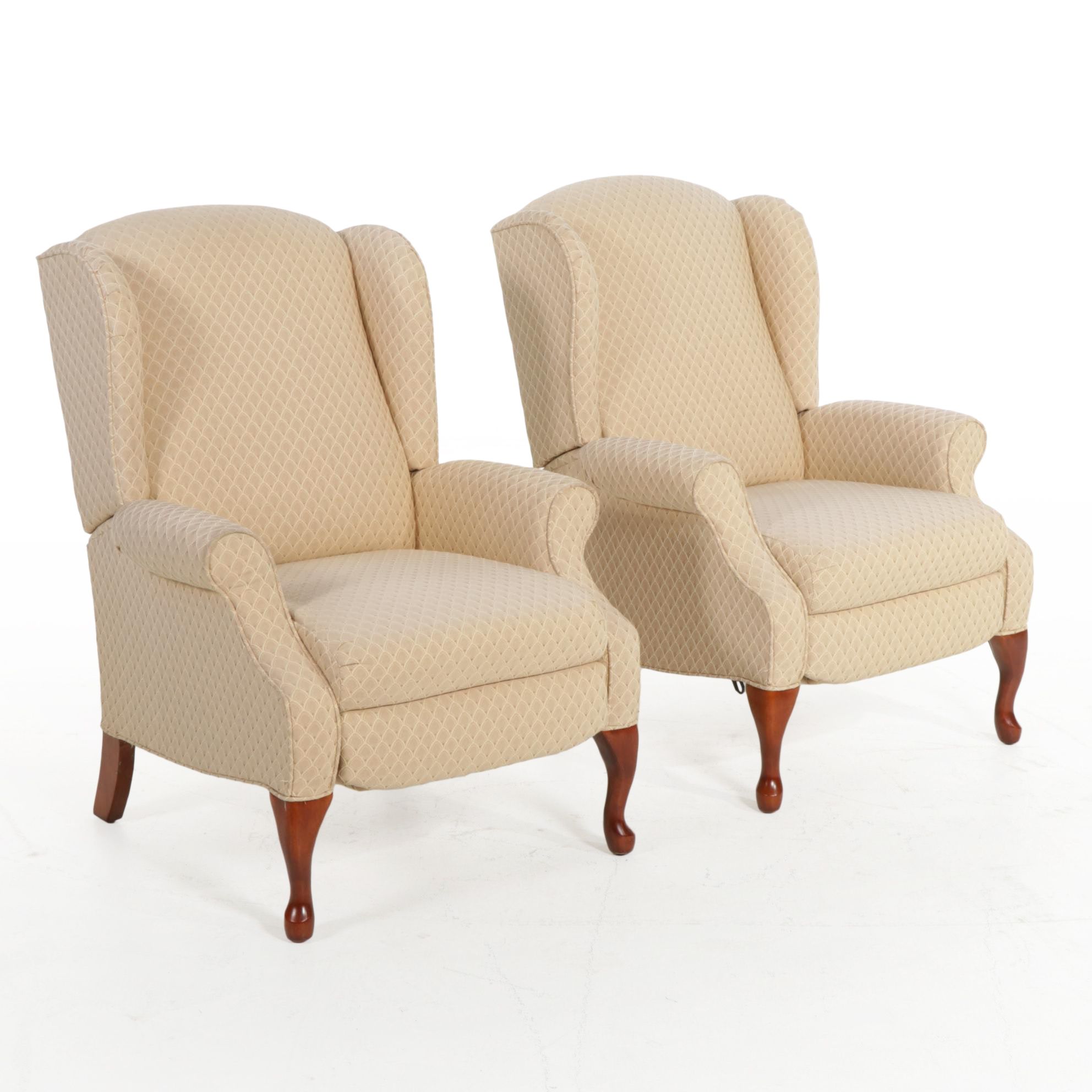Pair of Lane "Hampton" Queen Anne Style Custom-Upholstered Wingback Recliners