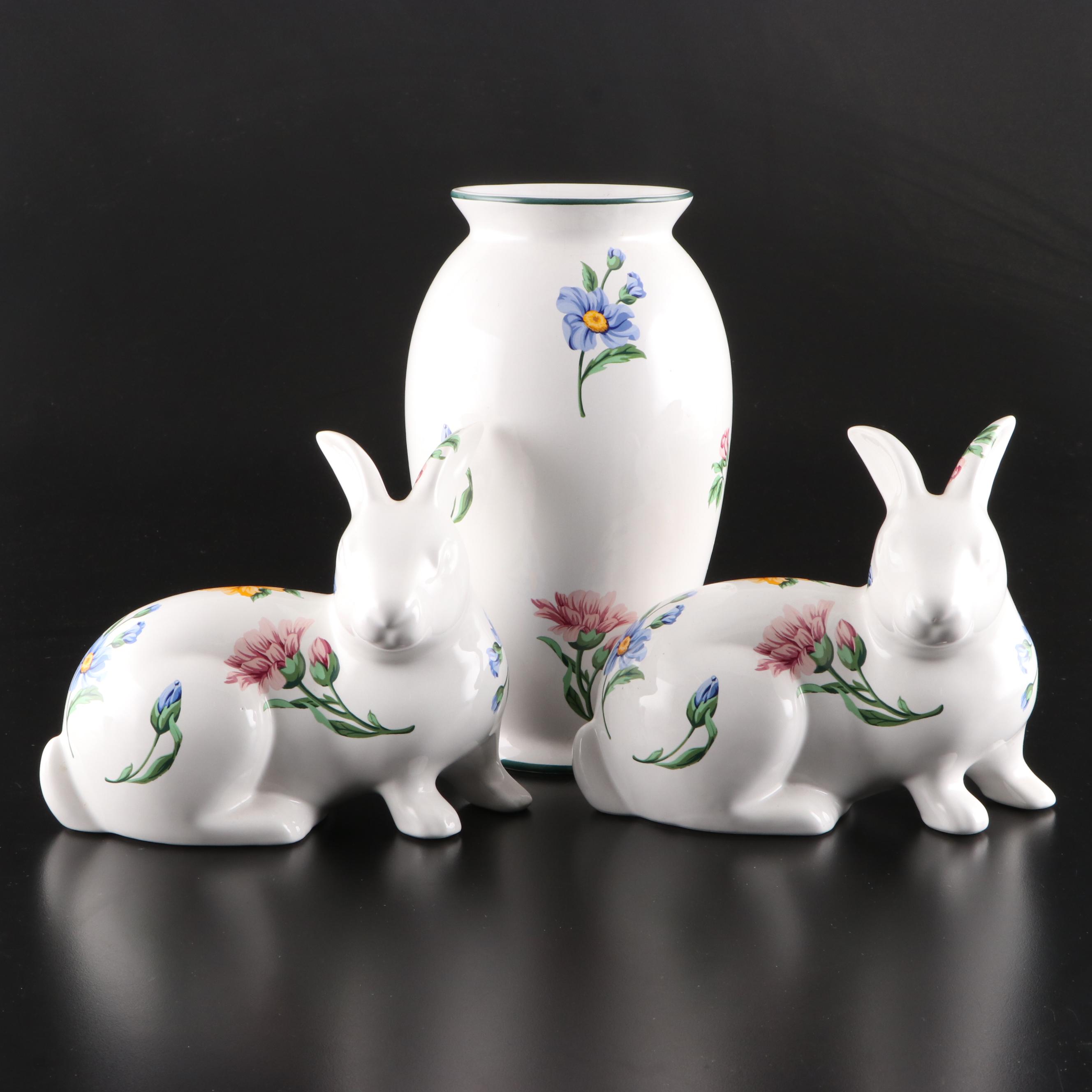 Tiffany & Co. Floral Porcelain Rabbit Figurines and Matching Vase