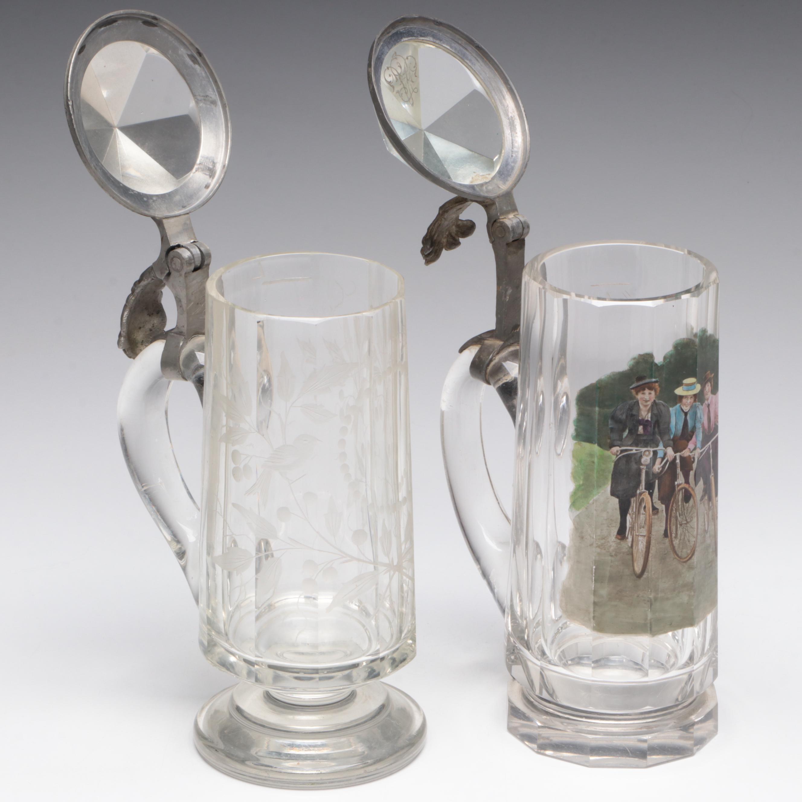 German Etched and Enameled Glass Beer Steins with Prisms Lids EBTH