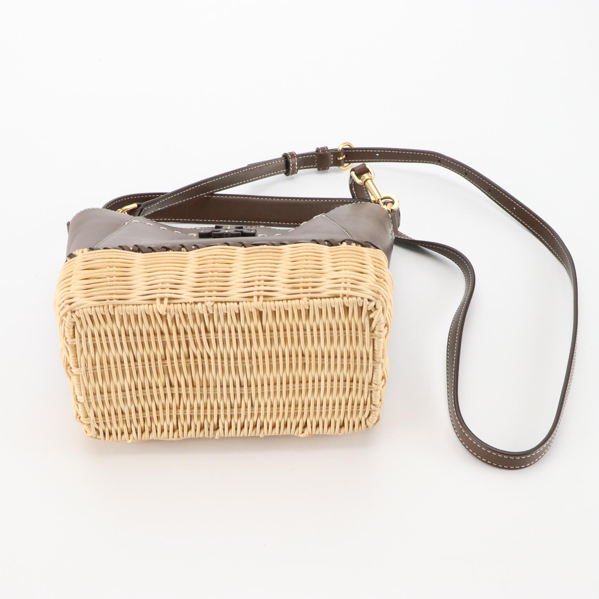 Tory Burch McGraw Wicker Small Hobo Bag in Cold Brew Brown Leather
