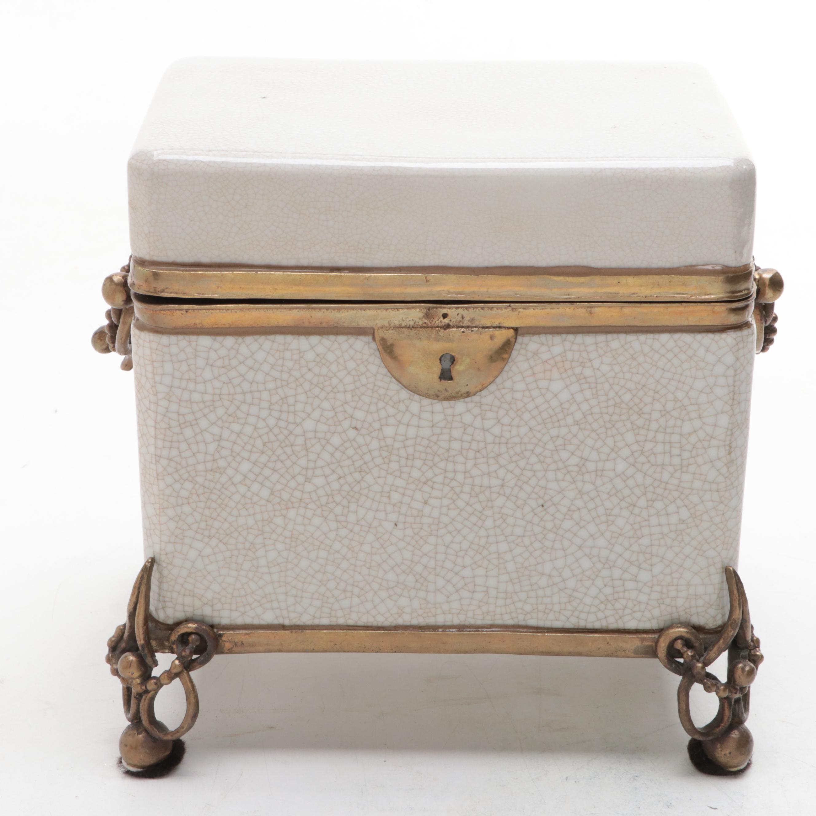 Castilian Footed Ceramic and Metal Box with Teapot and Oil Lantern