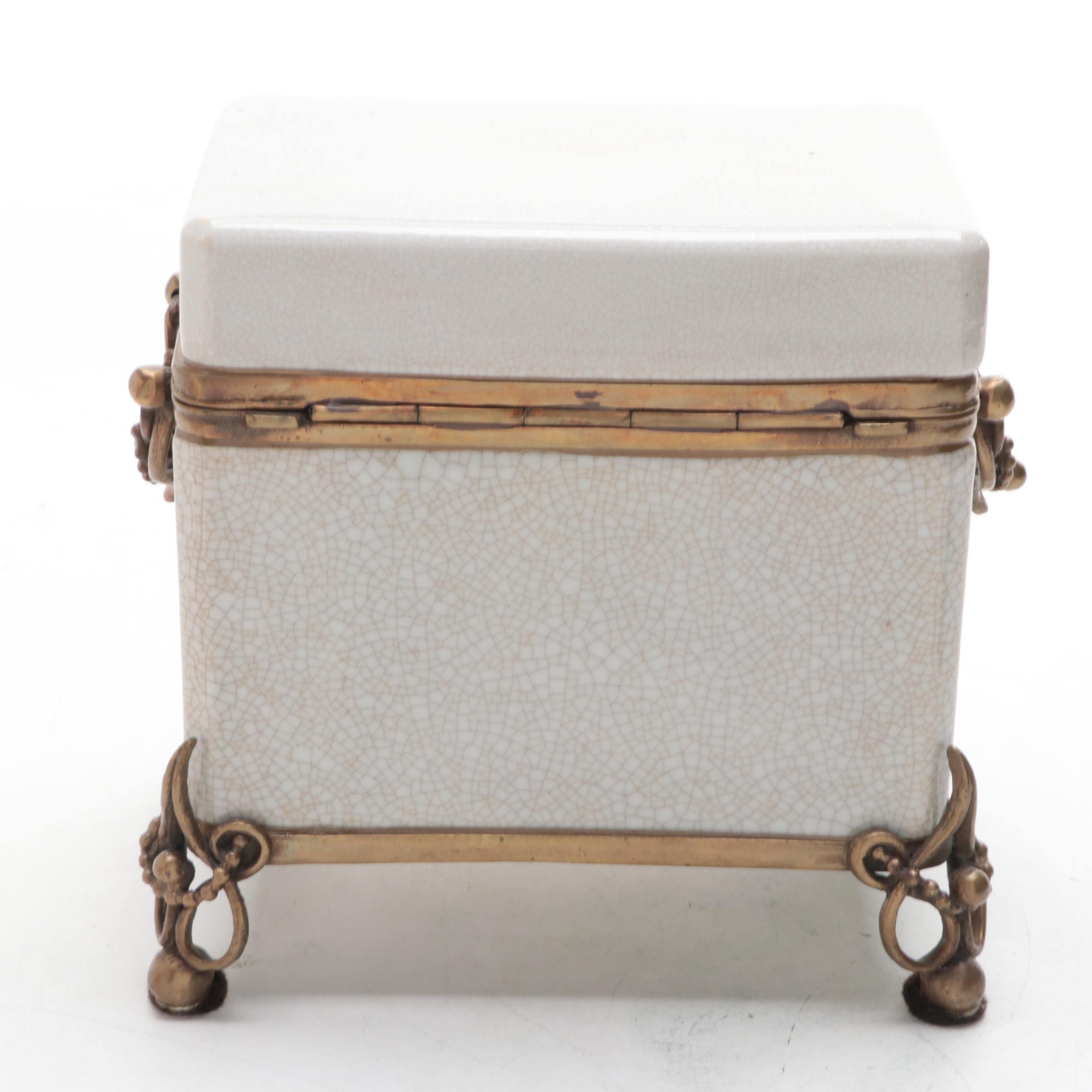 Castilian Footed Ceramic and Metal Box with Teapot and Oil Lantern