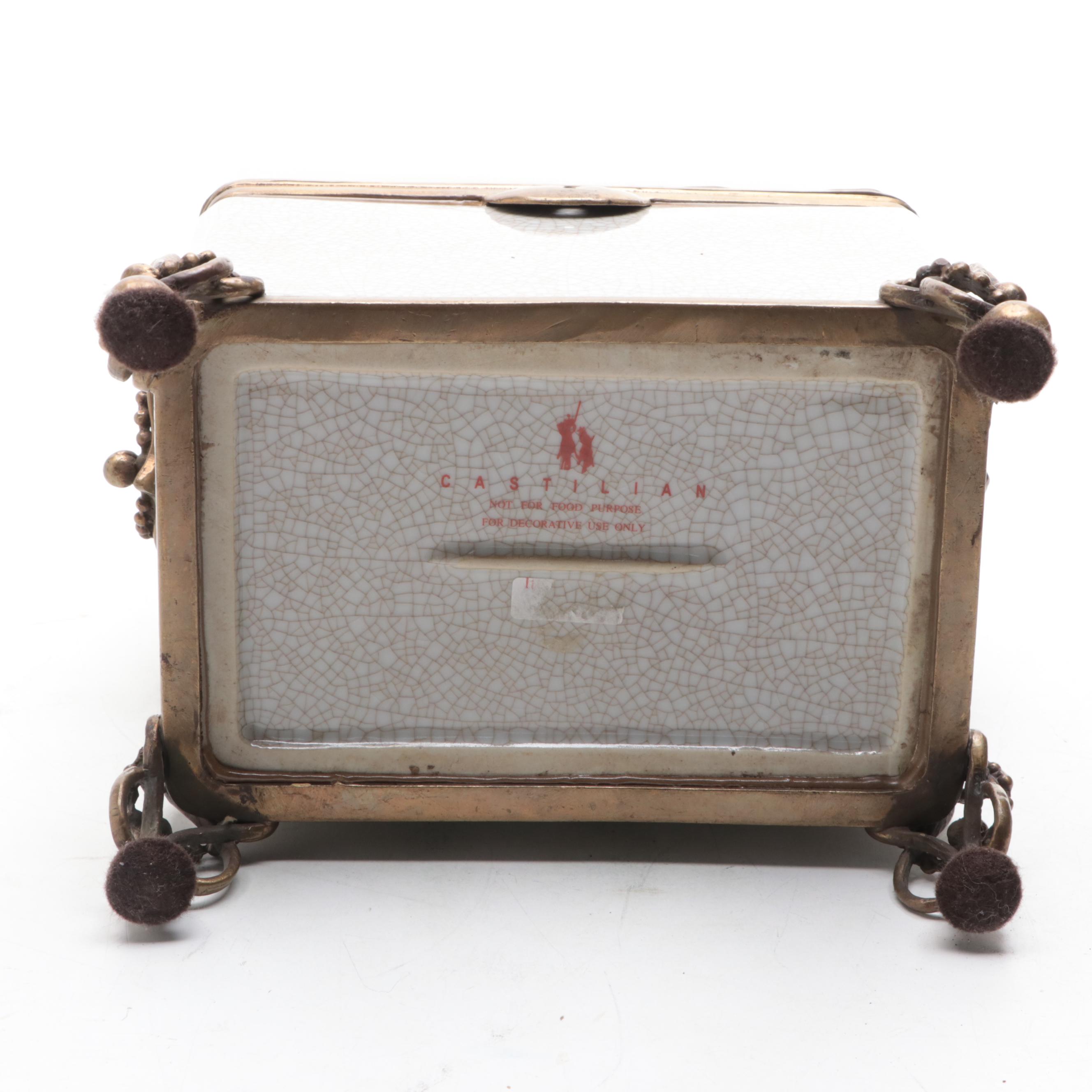 Castilian Footed Ceramic and Metal Box with Teapot and Oil Lantern