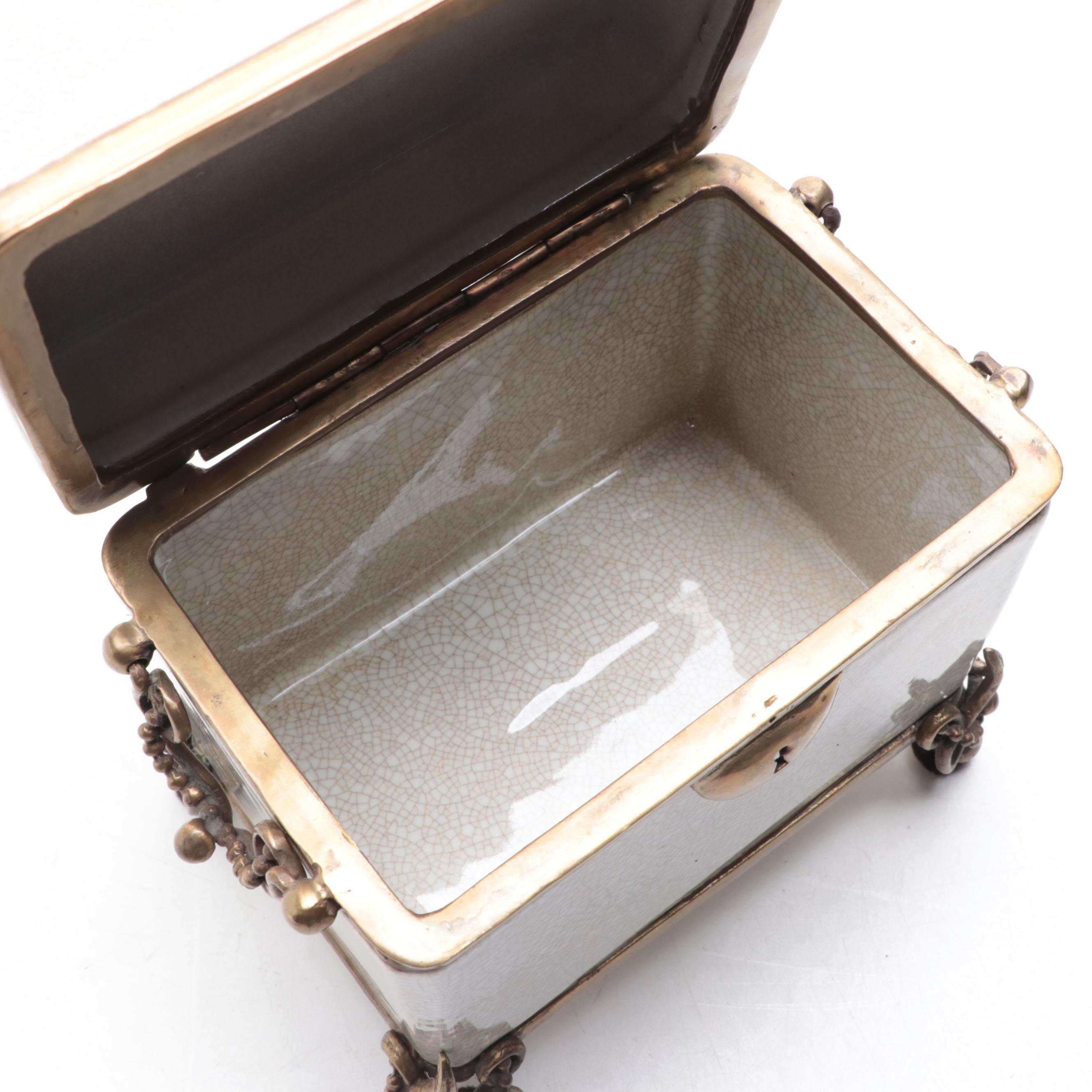 Castilian Footed Ceramic and Metal Box with Teapot and Oil Lantern