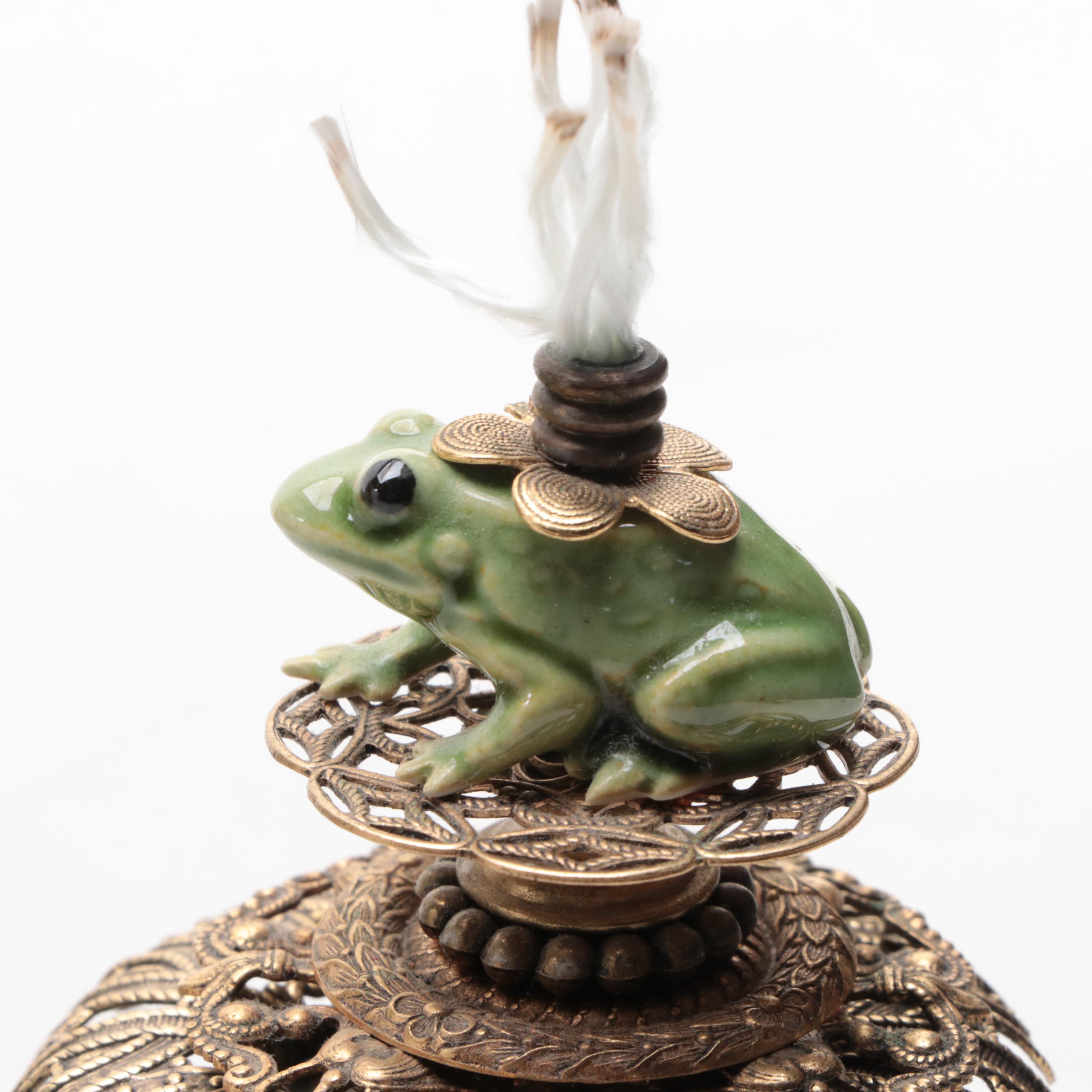 Castilian Footed Ceramic and Metal Box with Teapot and Oil Lantern