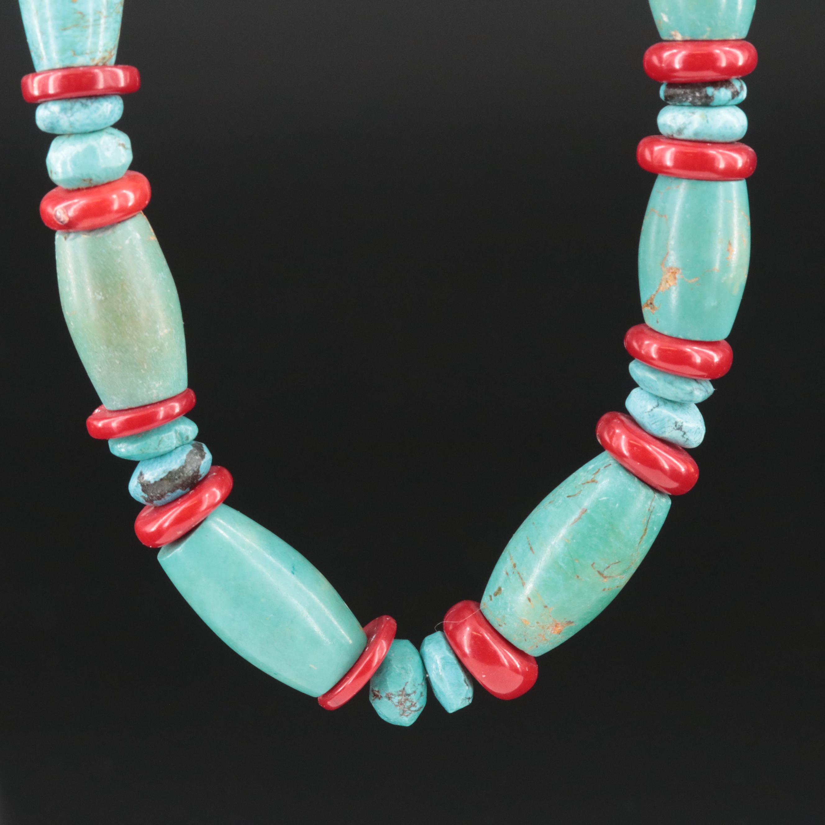 Turquoise and Coral Barrel Bead Necklace with Sterling Clasp