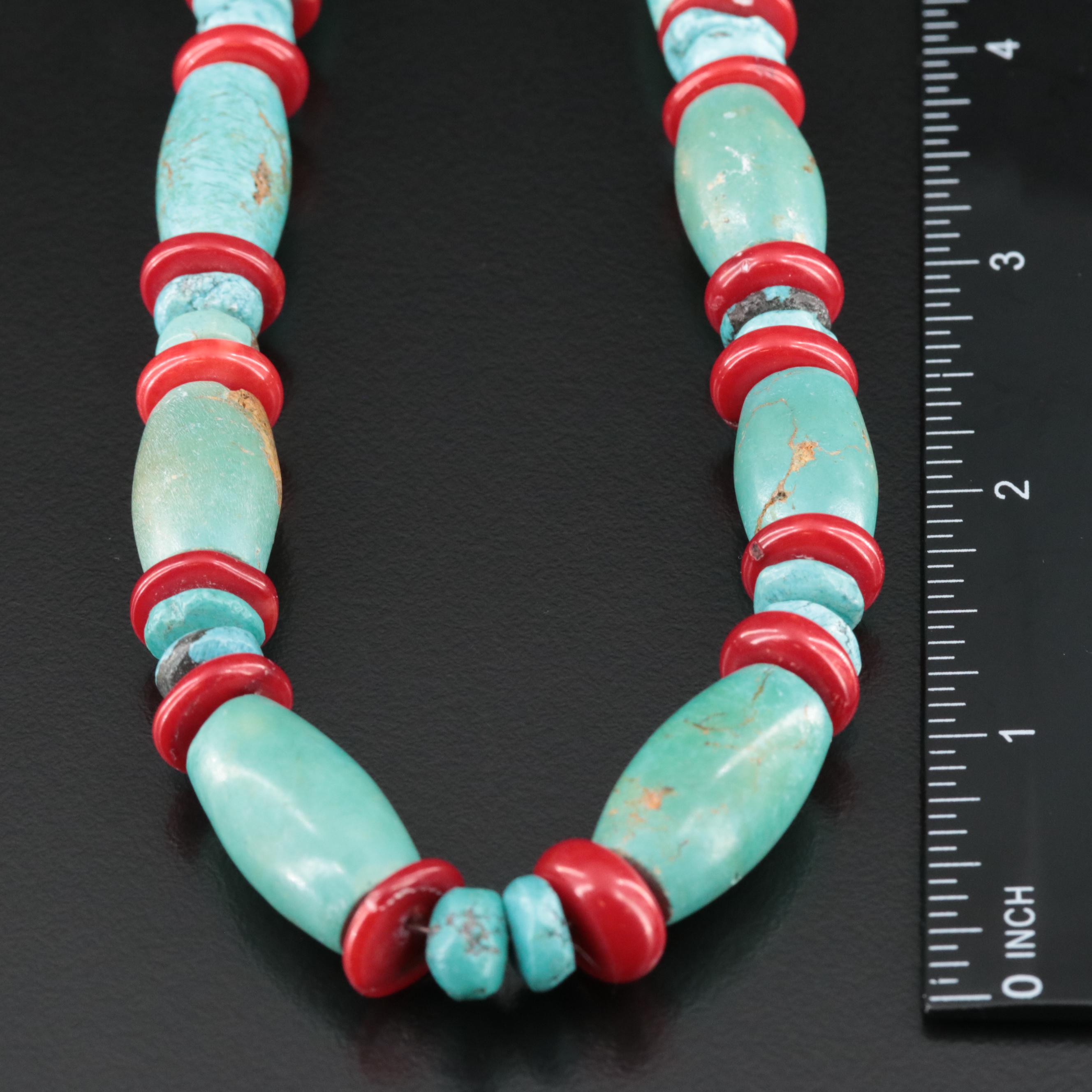 Turquoise and Coral Barrel Bead Necklace with Sterling Clasp
