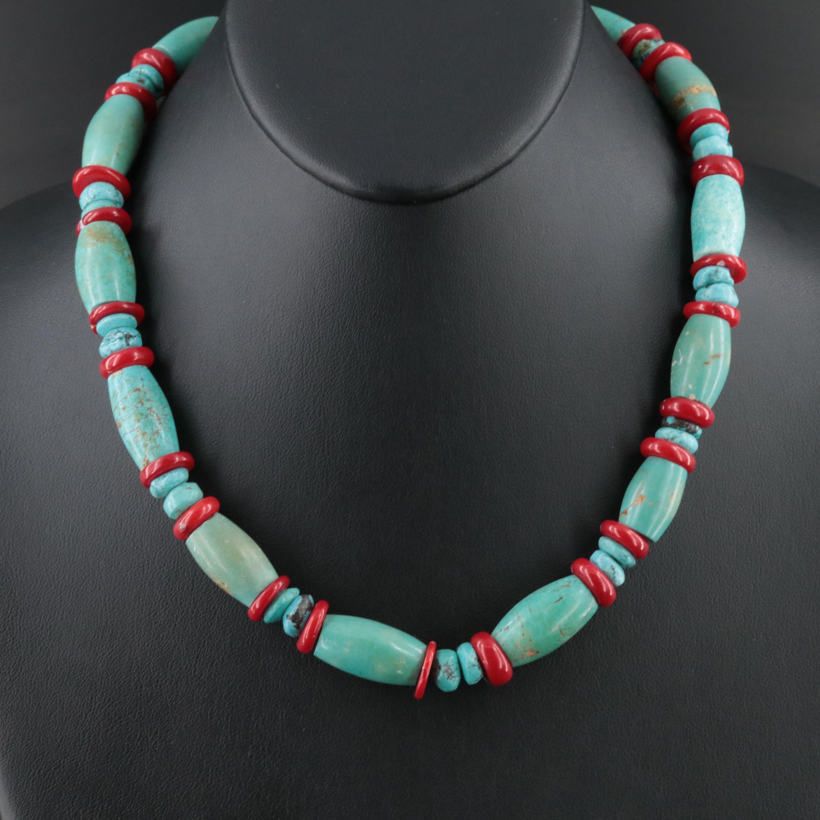 Turquoise and Coral Barrel Bead Necklace with Sterling Clasp