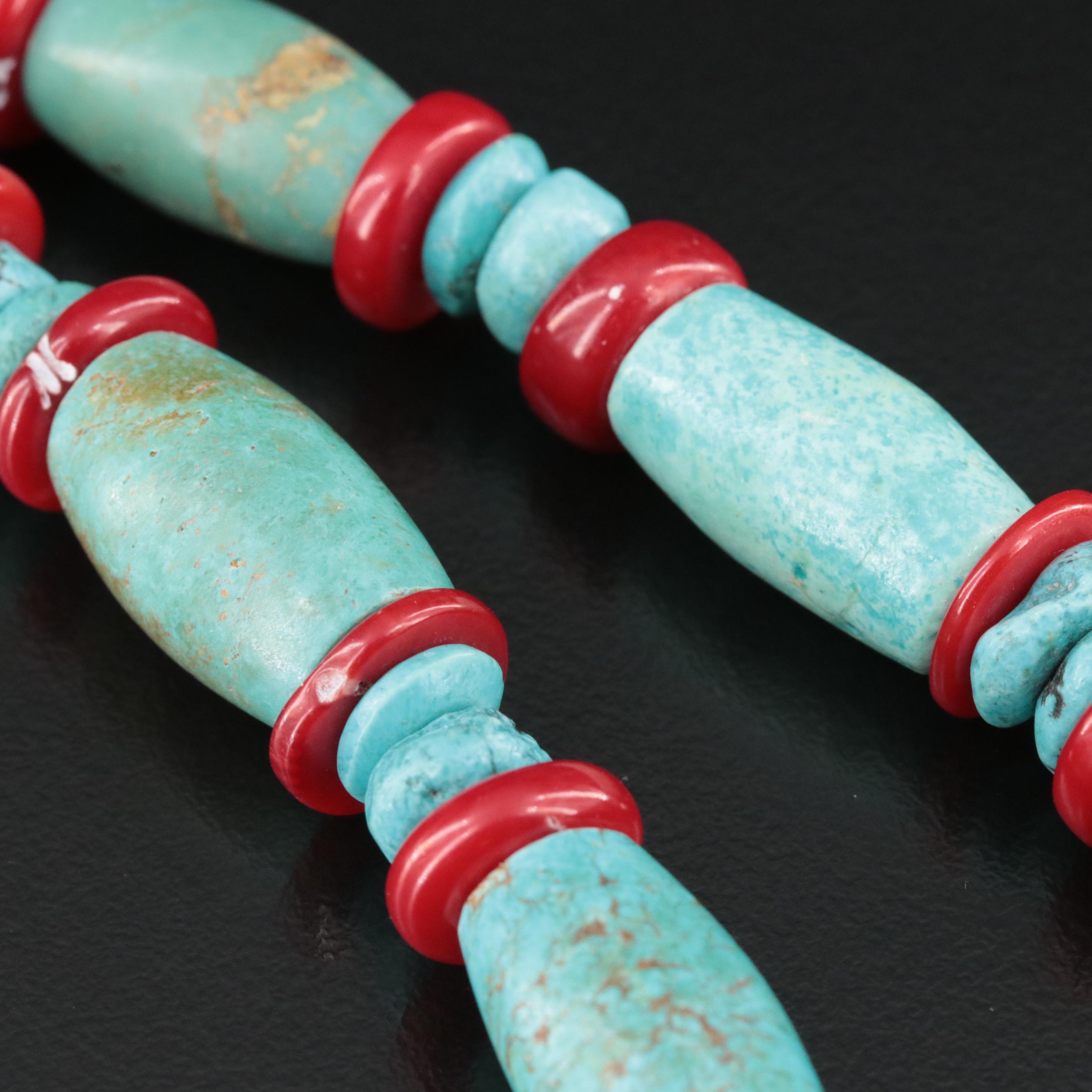 Turquoise and Coral Barrel Bead Necklace with Sterling Clasp