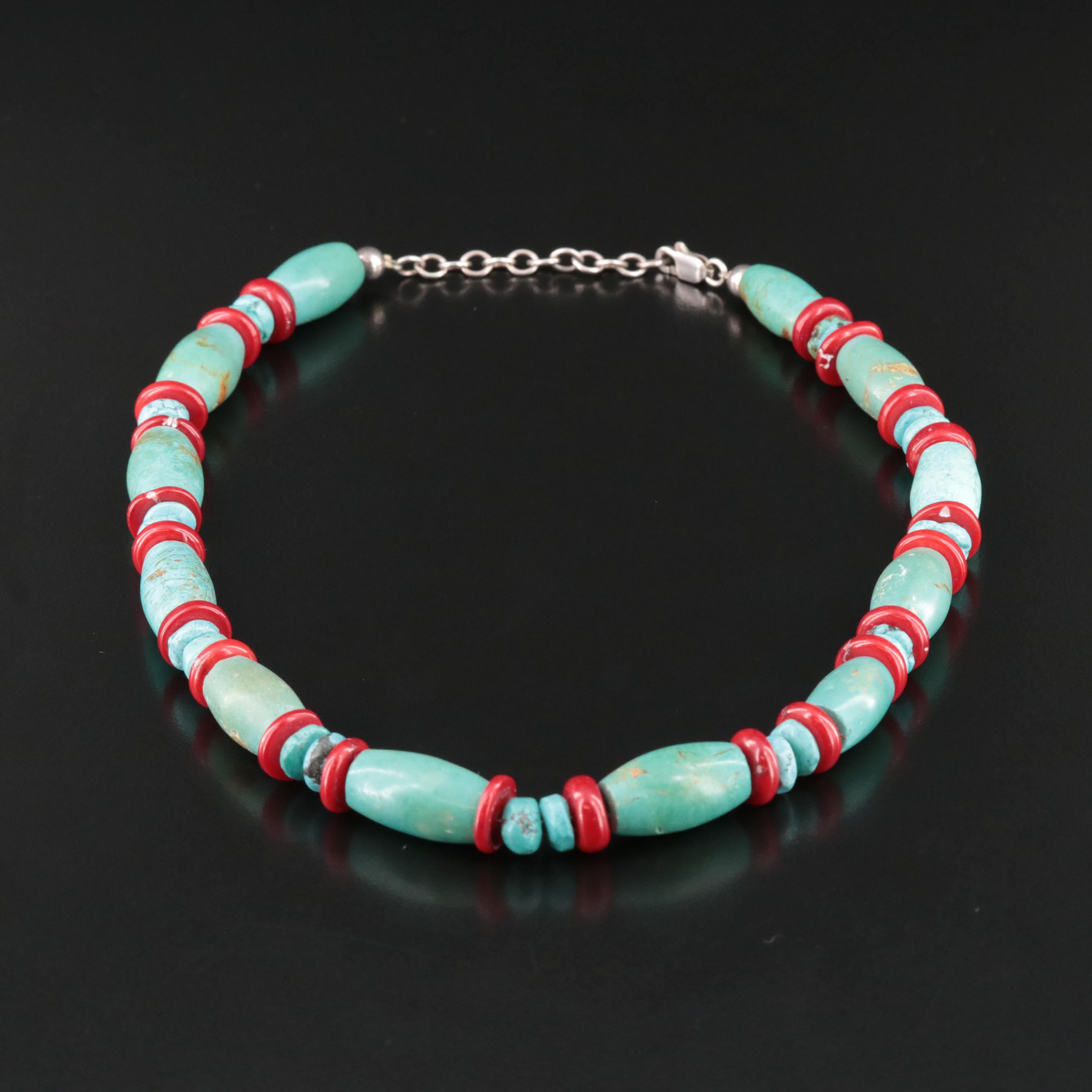 Turquoise and Coral Barrel Bead Necklace with Sterling Clasp