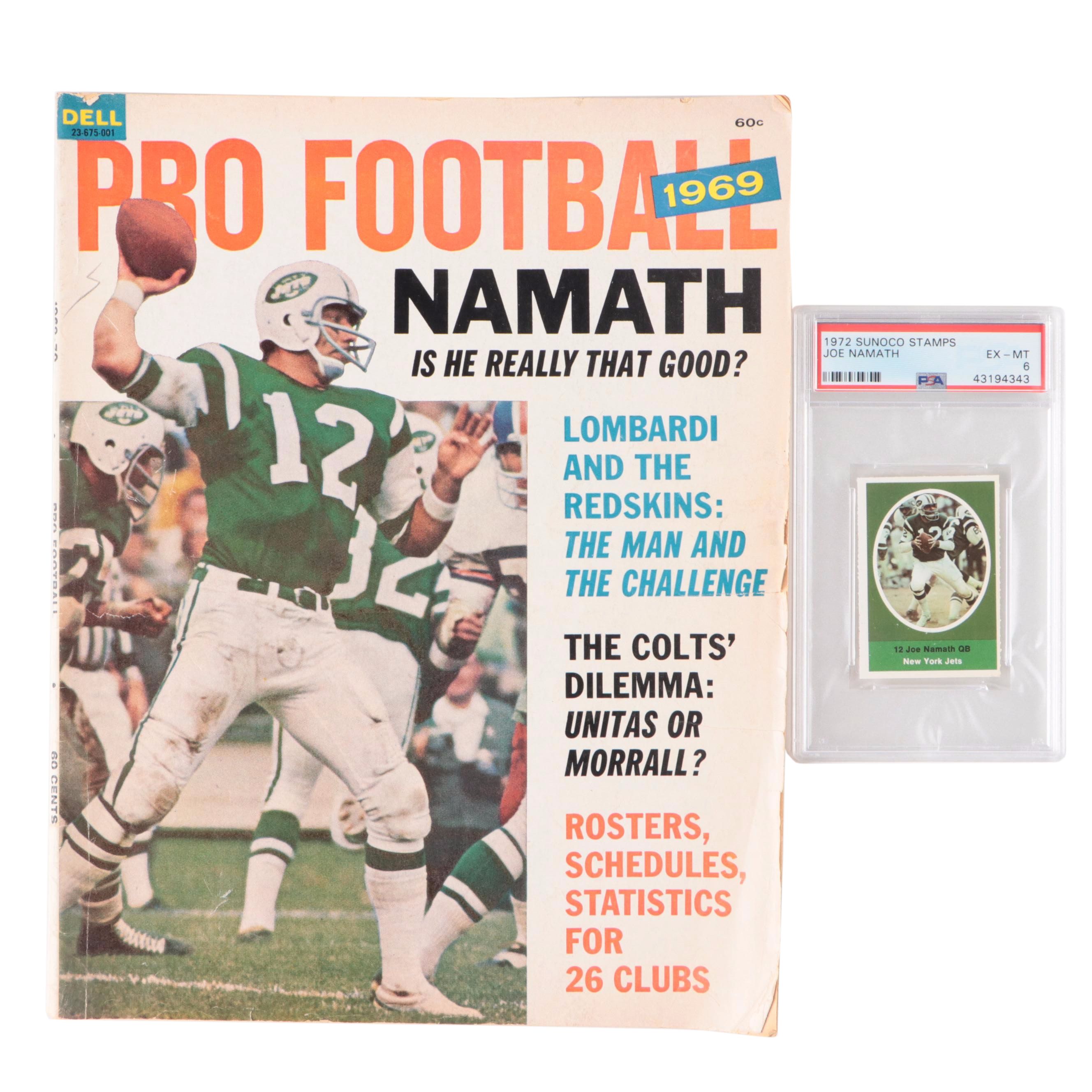 Joe Namath, 1972 Graded Sunoco Stamp With Vintage 1969 Pro Football Magazine