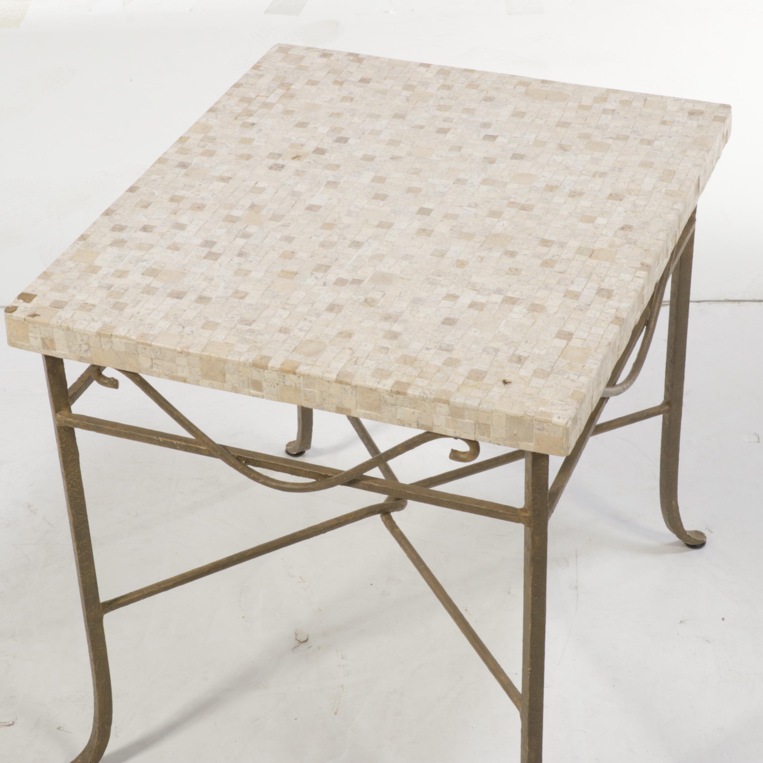 Scrolled Metal and Tessellated Stone Top Table