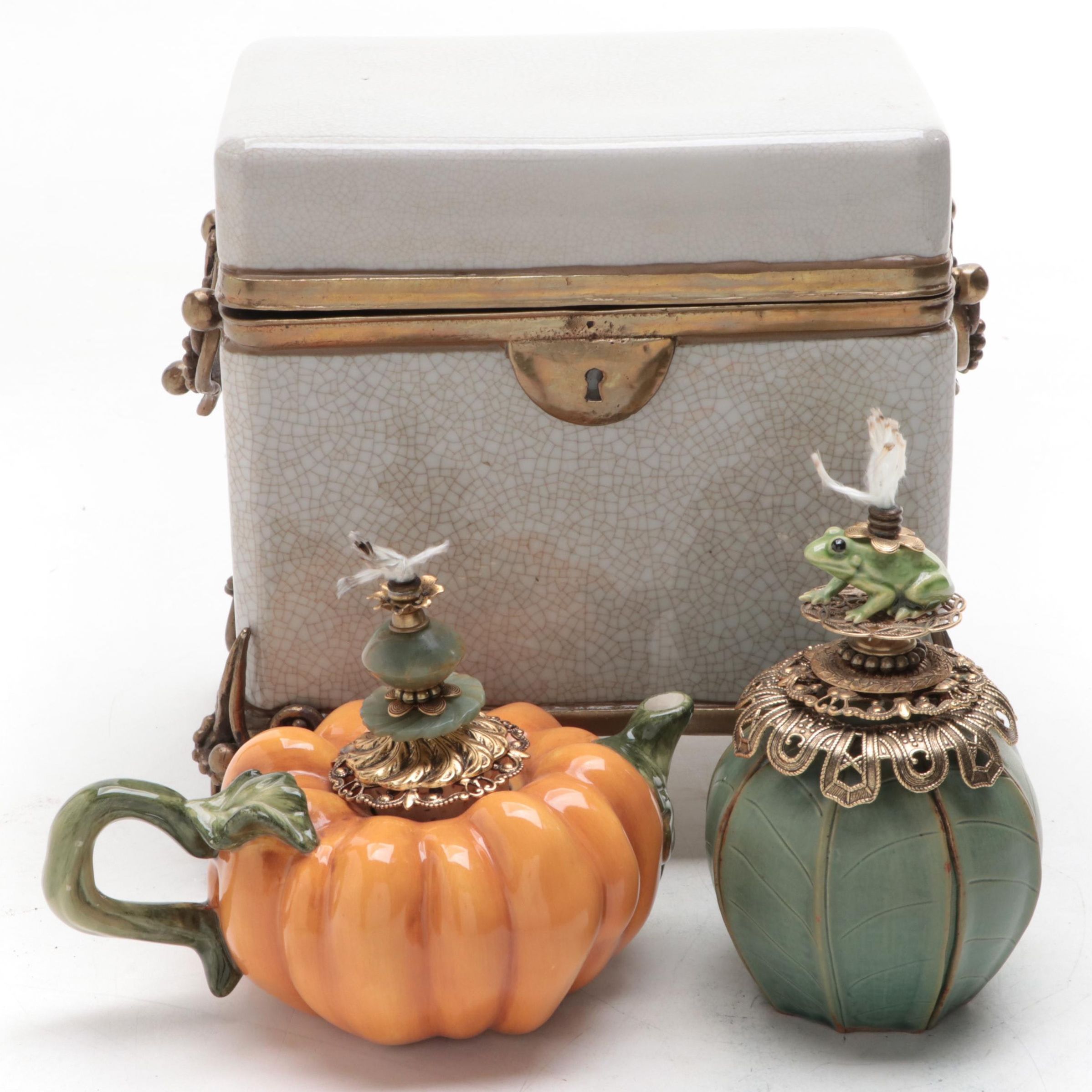 Castilian Footed Ceramic and Metal Box with Teapot and Oil Lantern