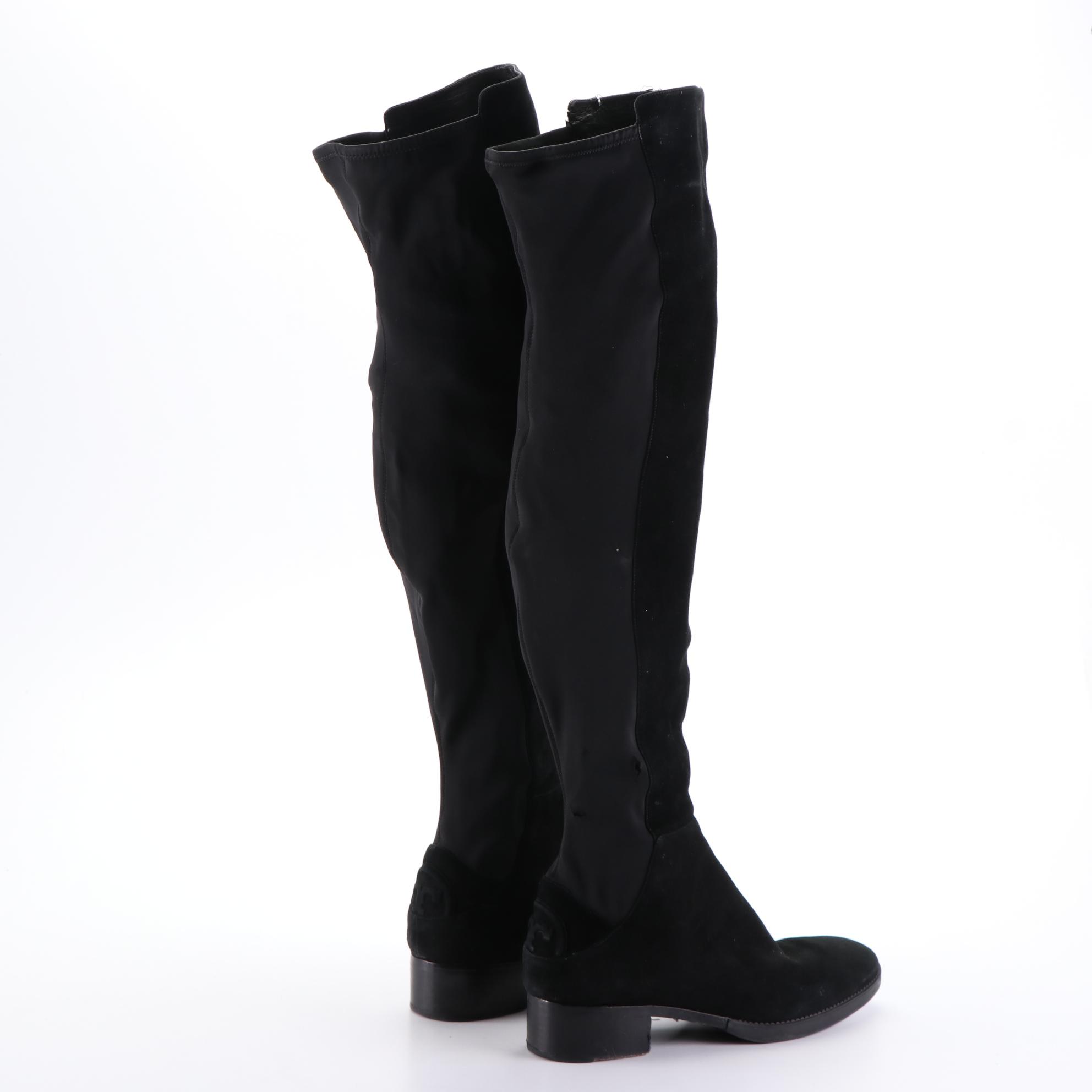 Tory Burch Caitlin Black Suede and Neoprene Stretch Over-The-Knee Boots