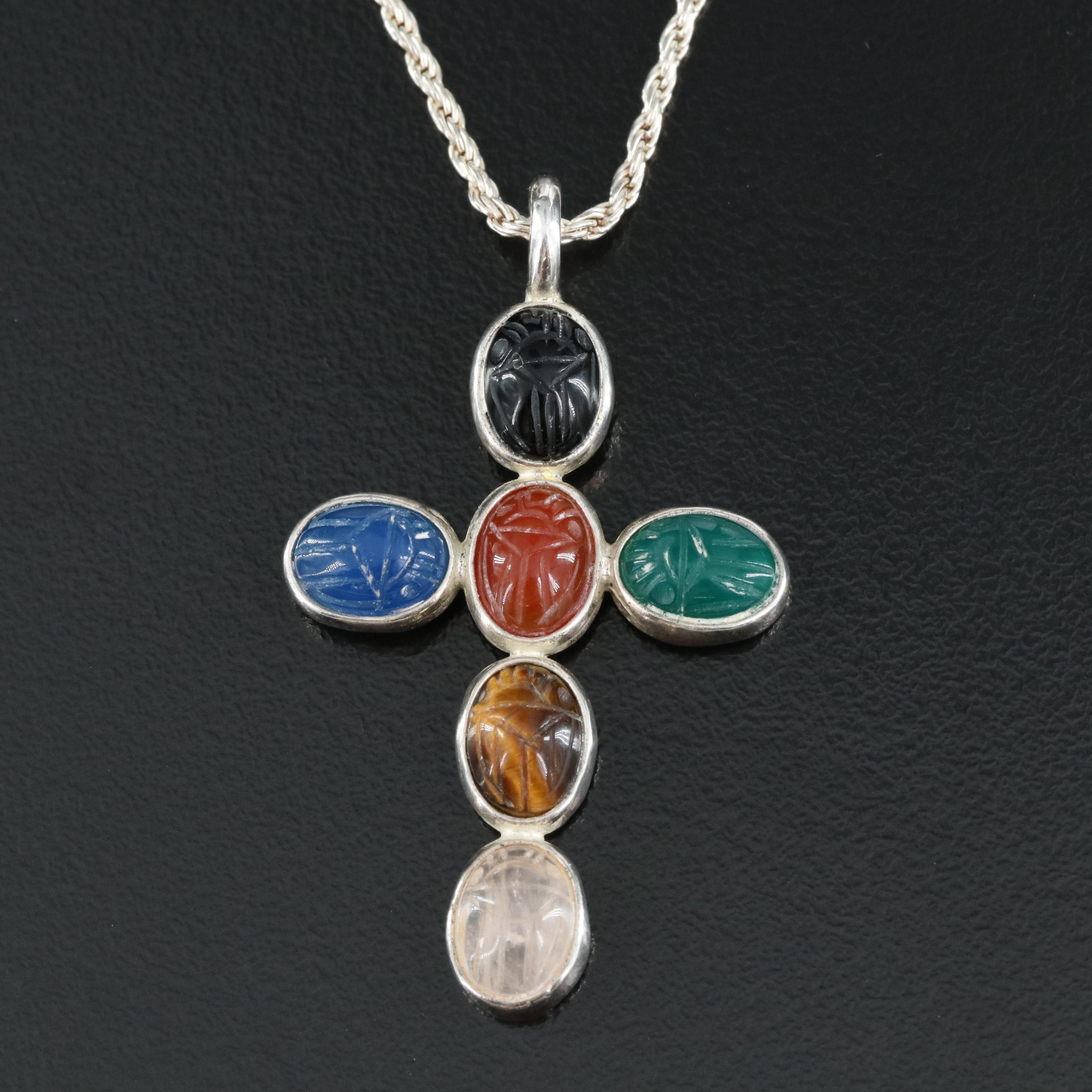 Sterling Tiger's Eye, Chalcedony and Rainbow Moonstone Scarab Cross Necklace