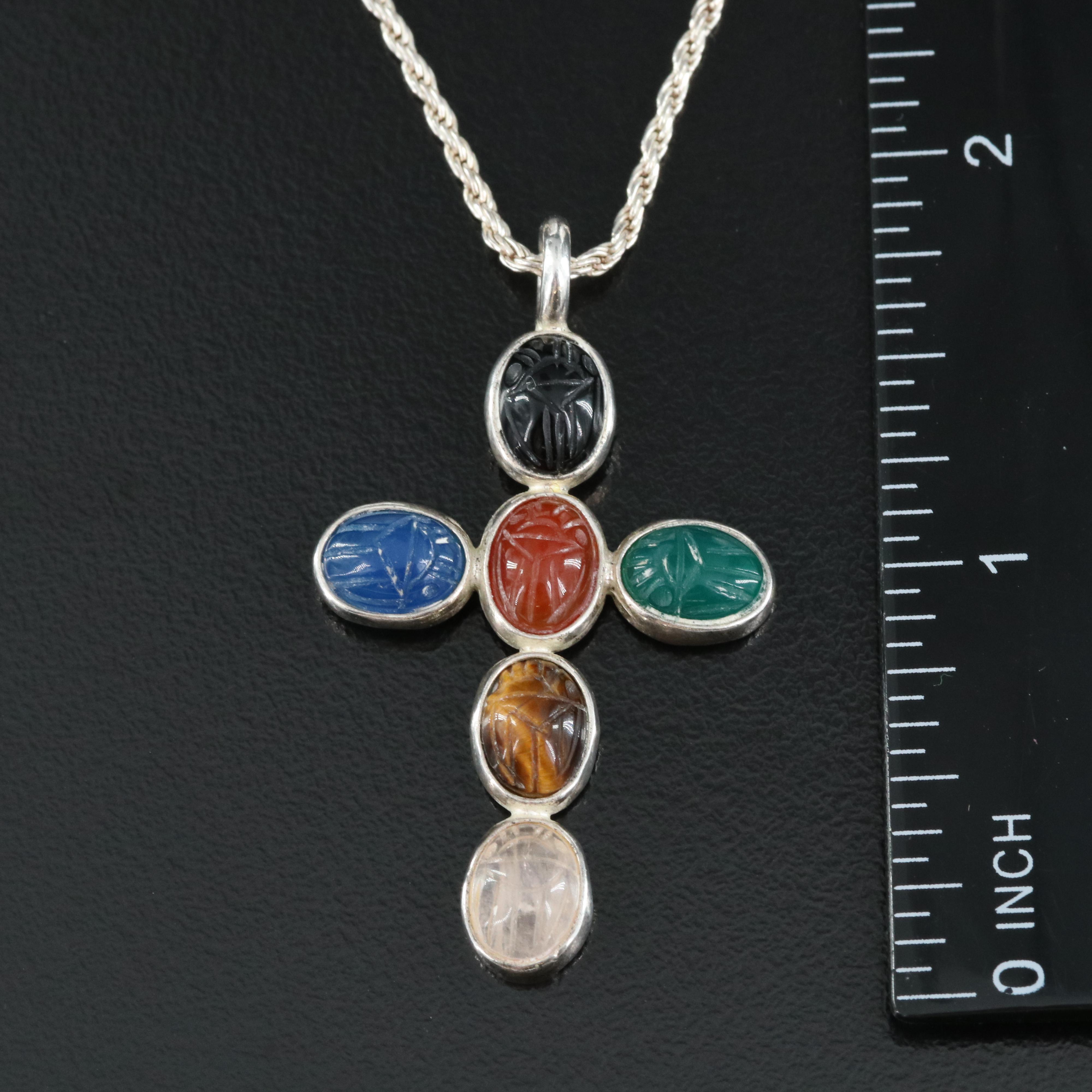 Sterling Tiger's Eye, Chalcedony and Rainbow Moonstone Scarab Cross Necklace