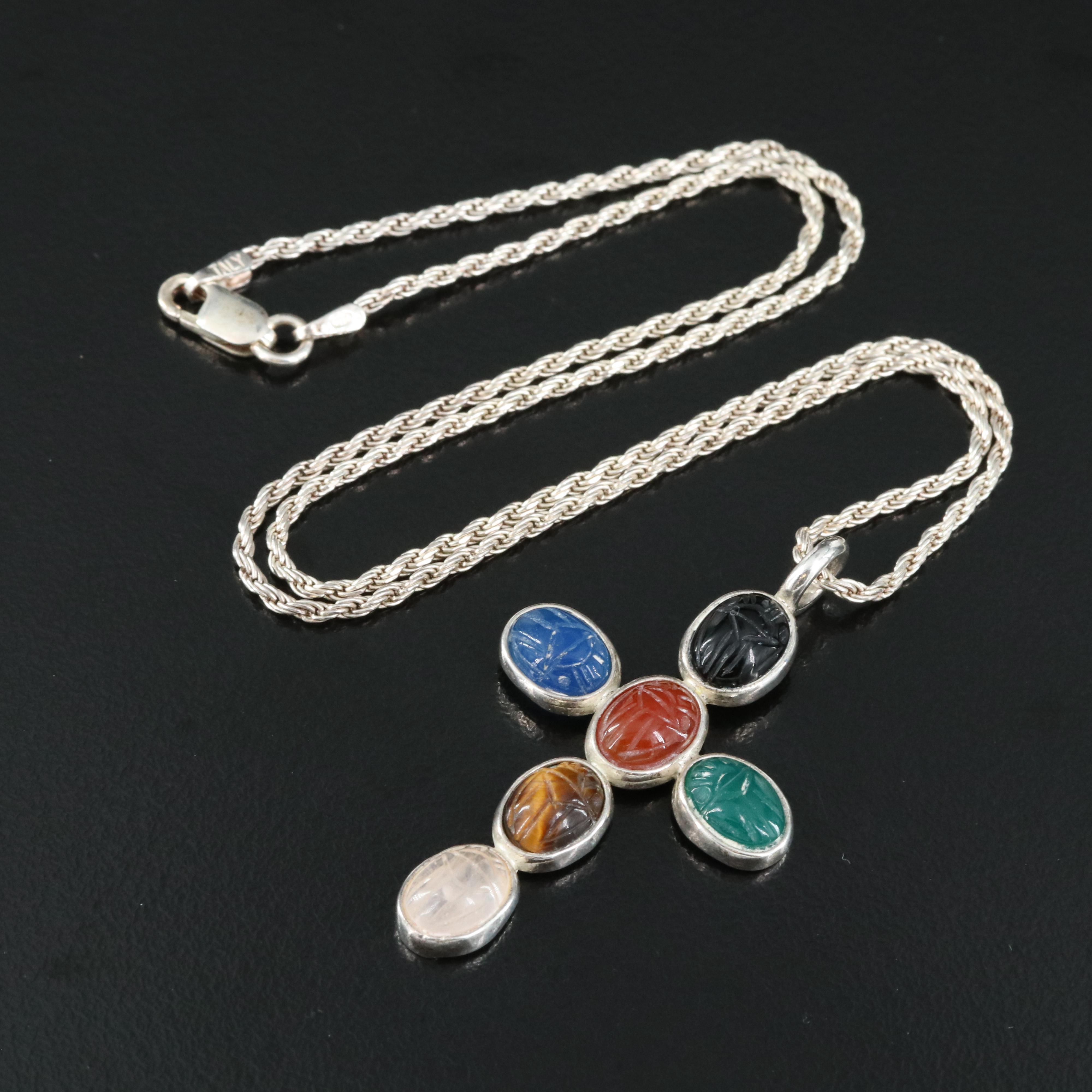 Sterling Tiger's Eye, Chalcedony and Rainbow Moonstone Scarab Cross Necklace