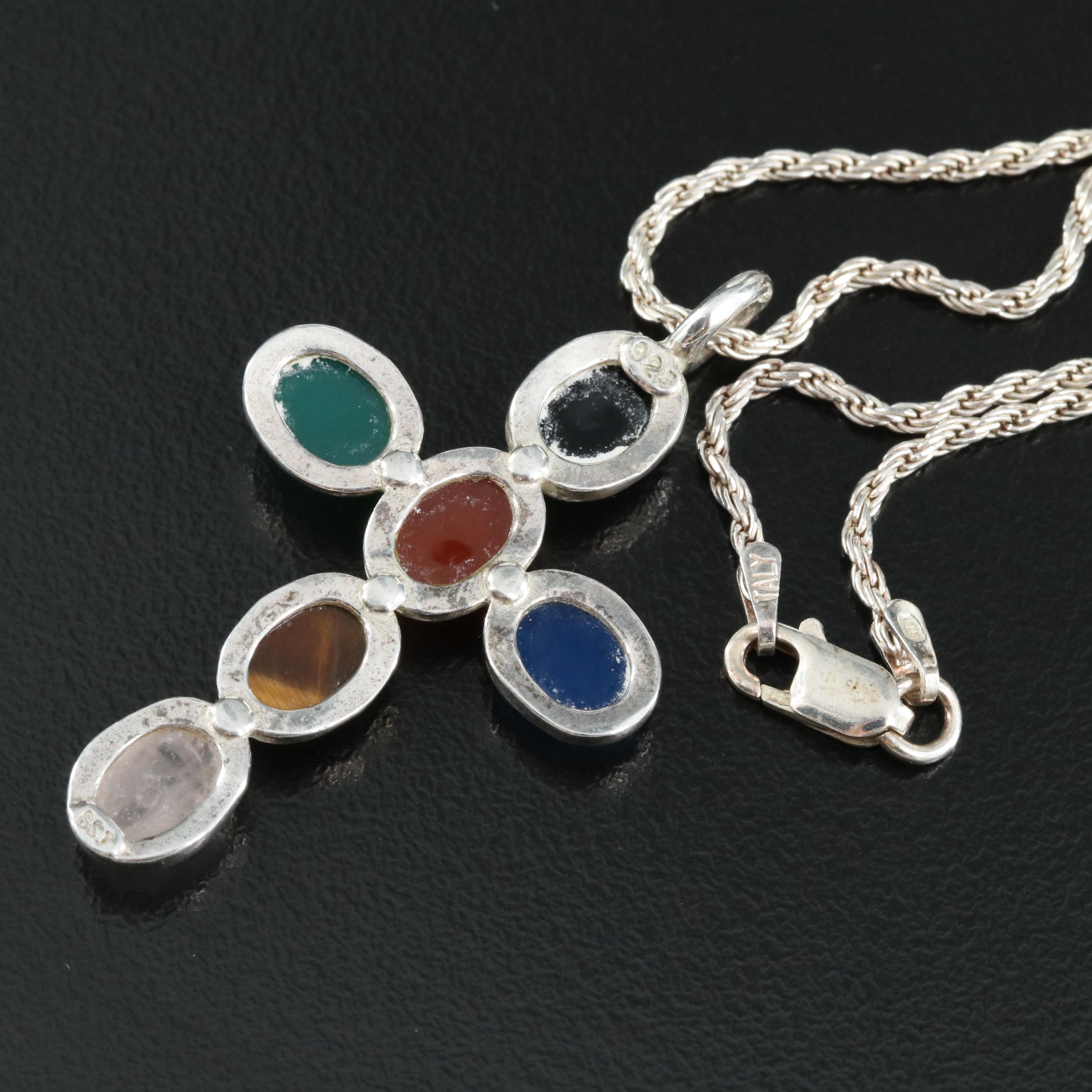 Sterling Tiger's Eye, Chalcedony and Rainbow Moonstone Scarab Cross Necklace