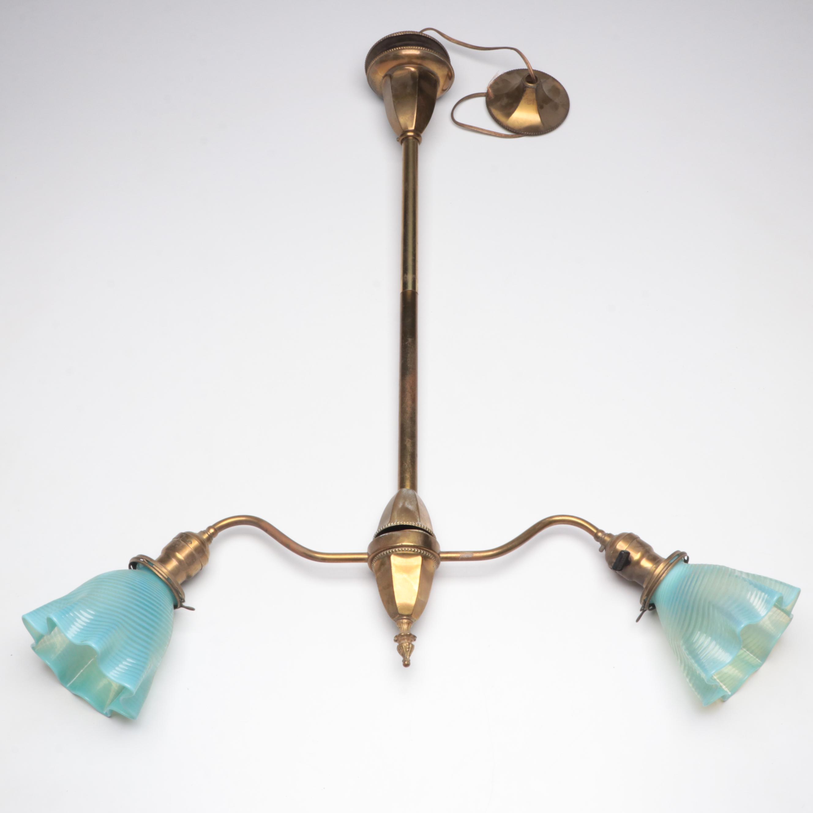 Victorian Brass Two-Arm Pendant Light with Blue Optic Swirl Glass Shades