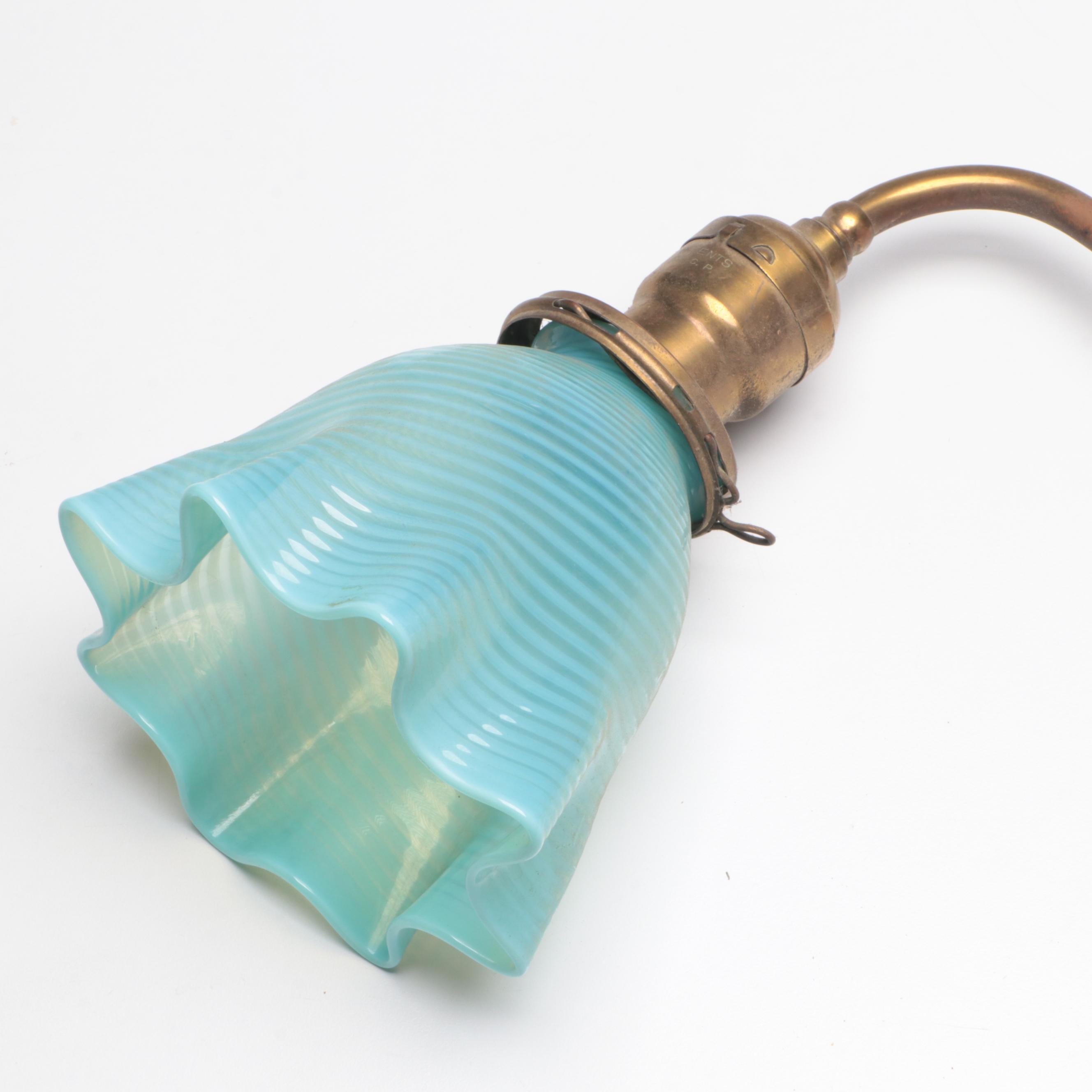 Victorian Brass Two-Arm Pendant Light with Blue Optic Swirl Glass Shades