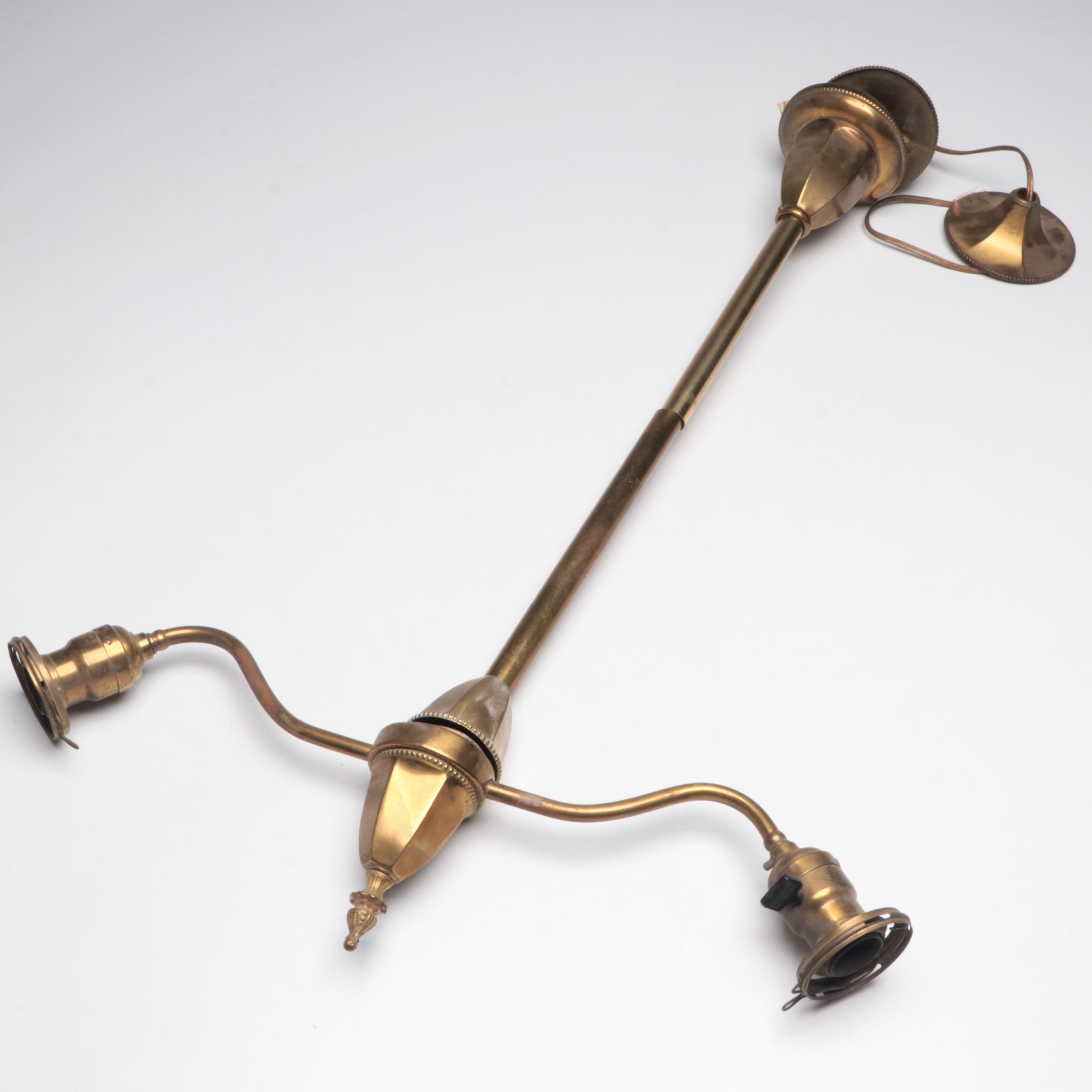 Victorian Brass Two-Arm Pendant Light with Blue Optic Swirl Glass Shades