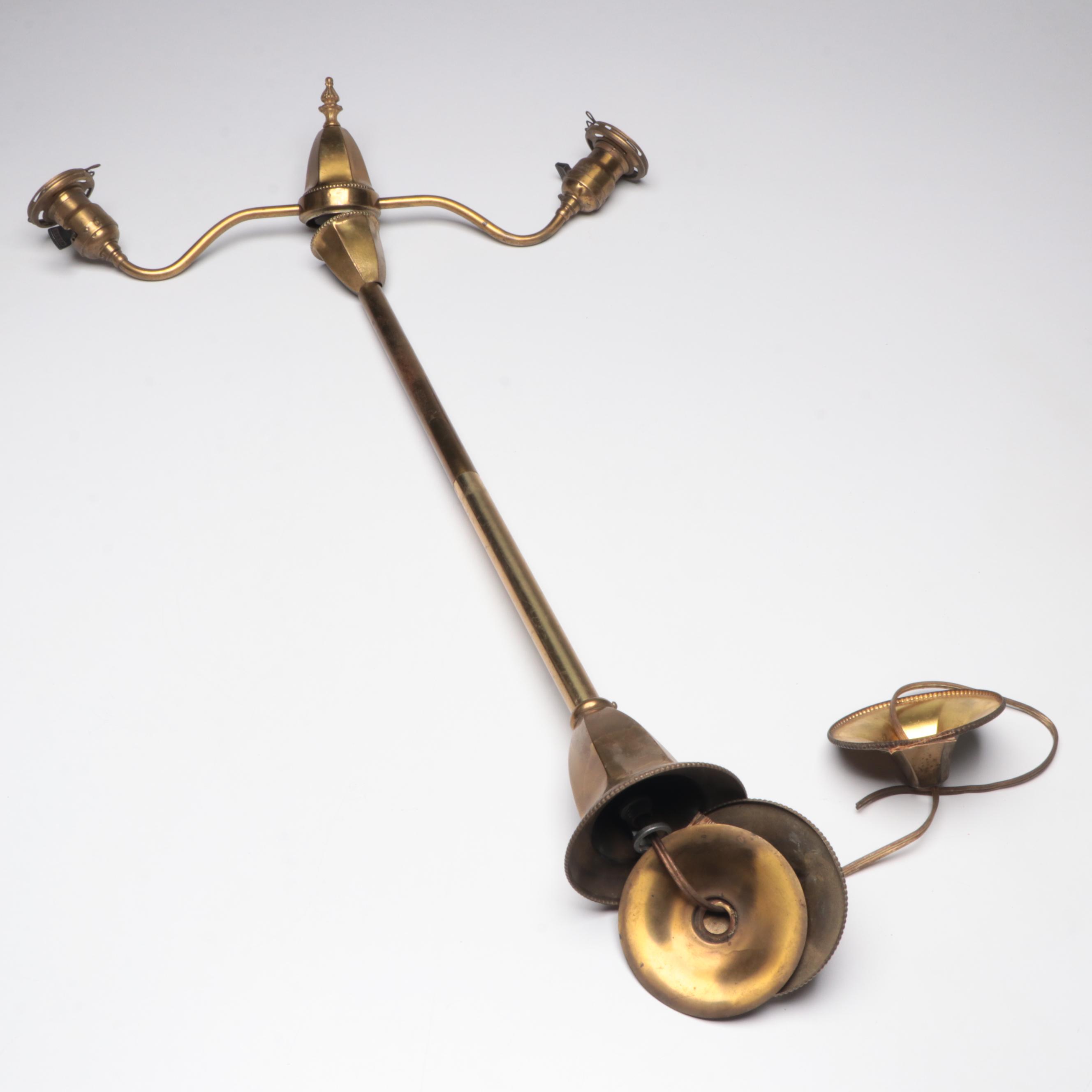 Victorian Brass Two-Arm Pendant Light with Blue Optic Swirl Glass Shades