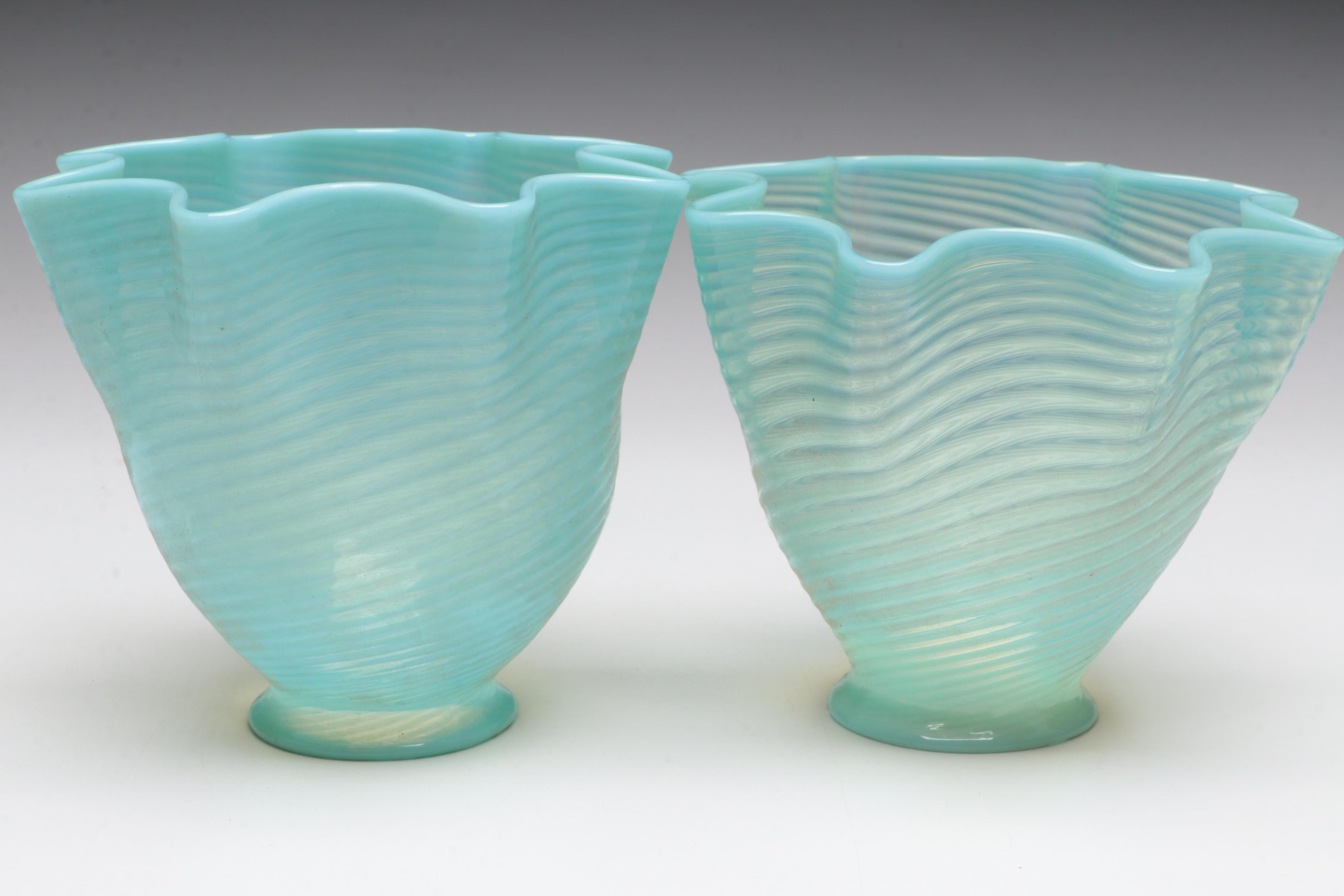 Victorian Brass Two-Arm Pendant Light with Blue Optic Swirl Glass Shades