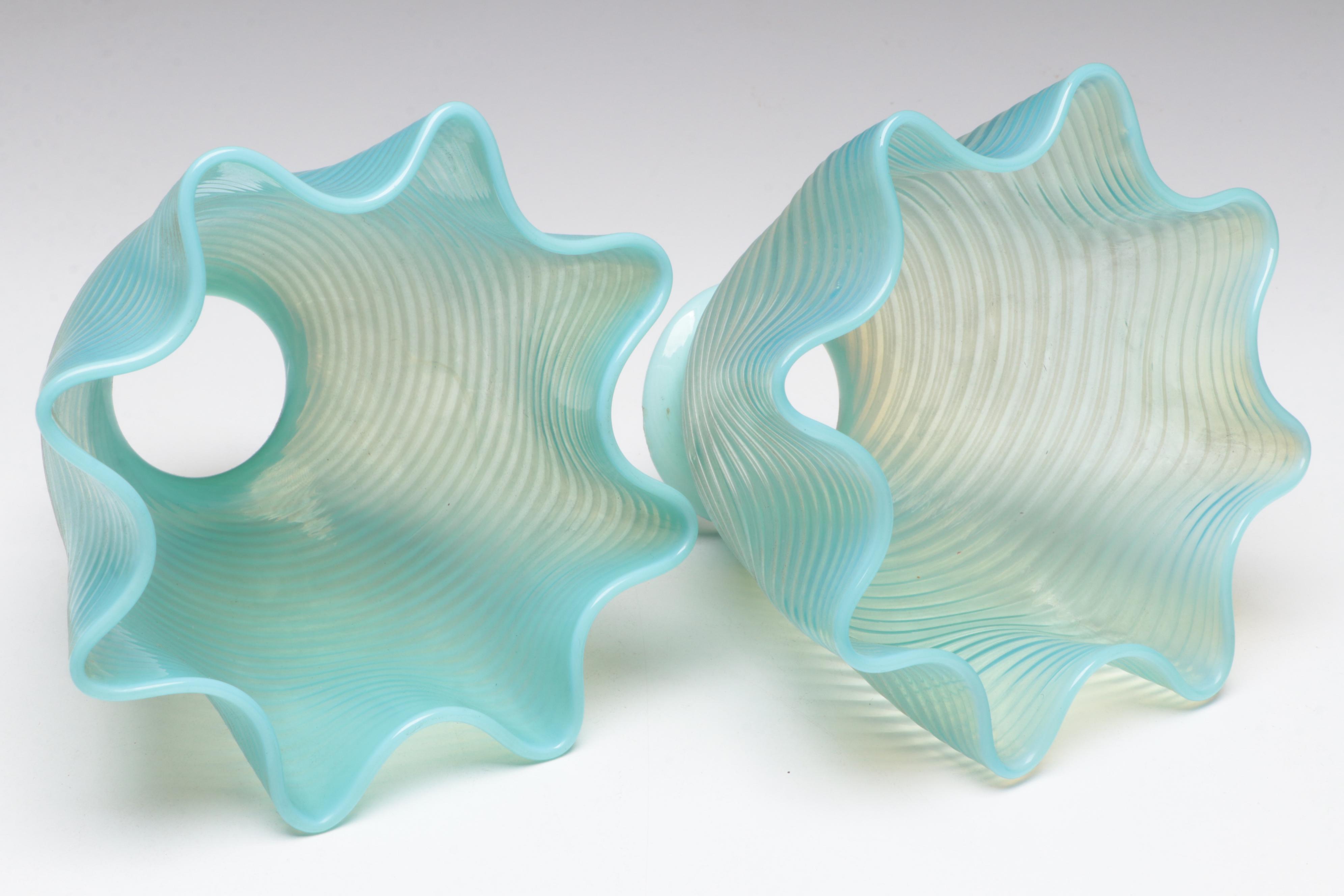 Victorian Brass Two-Arm Pendant Light with Blue Optic Swirl Glass Shades