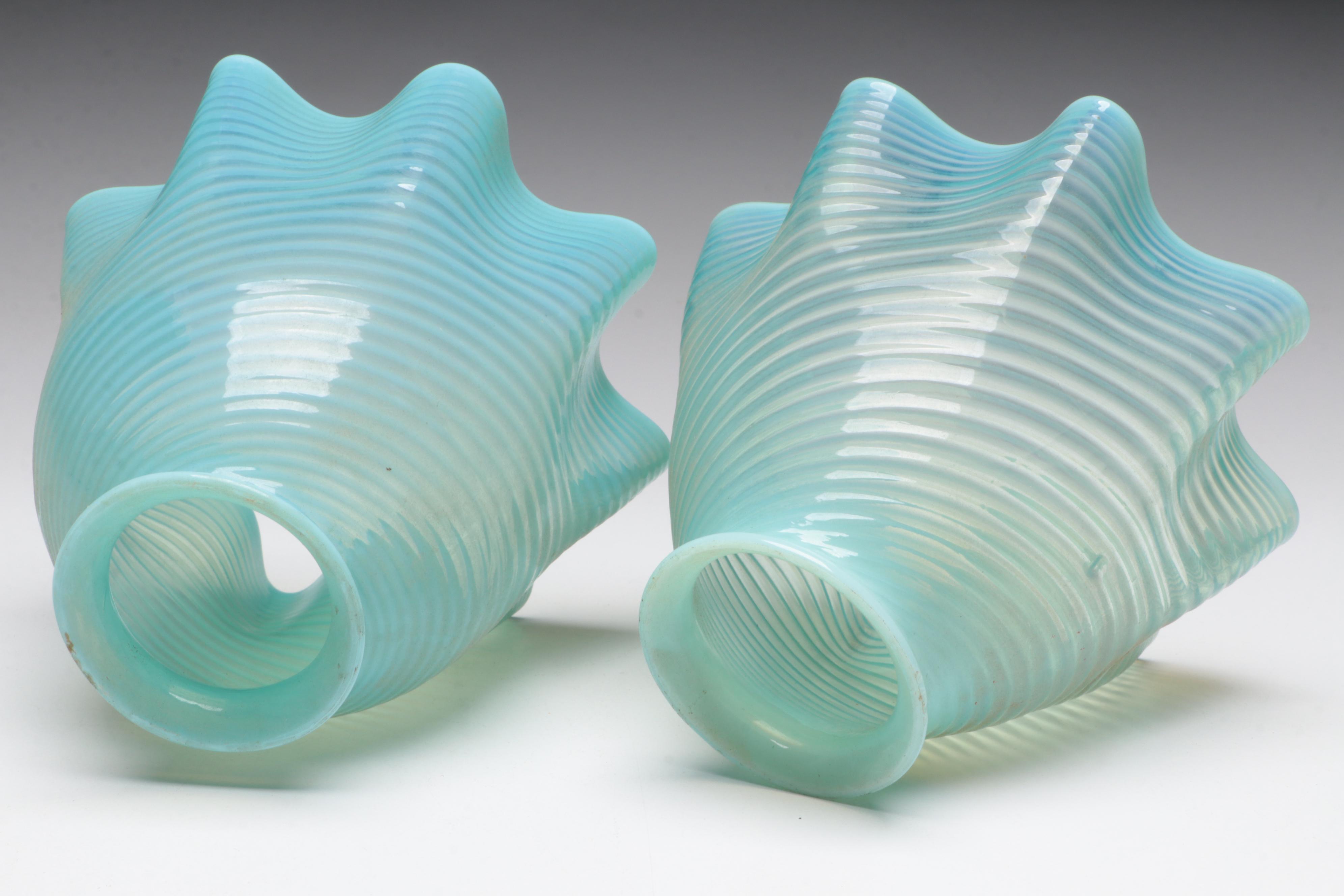 Victorian Brass Two-Arm Pendant Light with Blue Optic Swirl Glass Shades