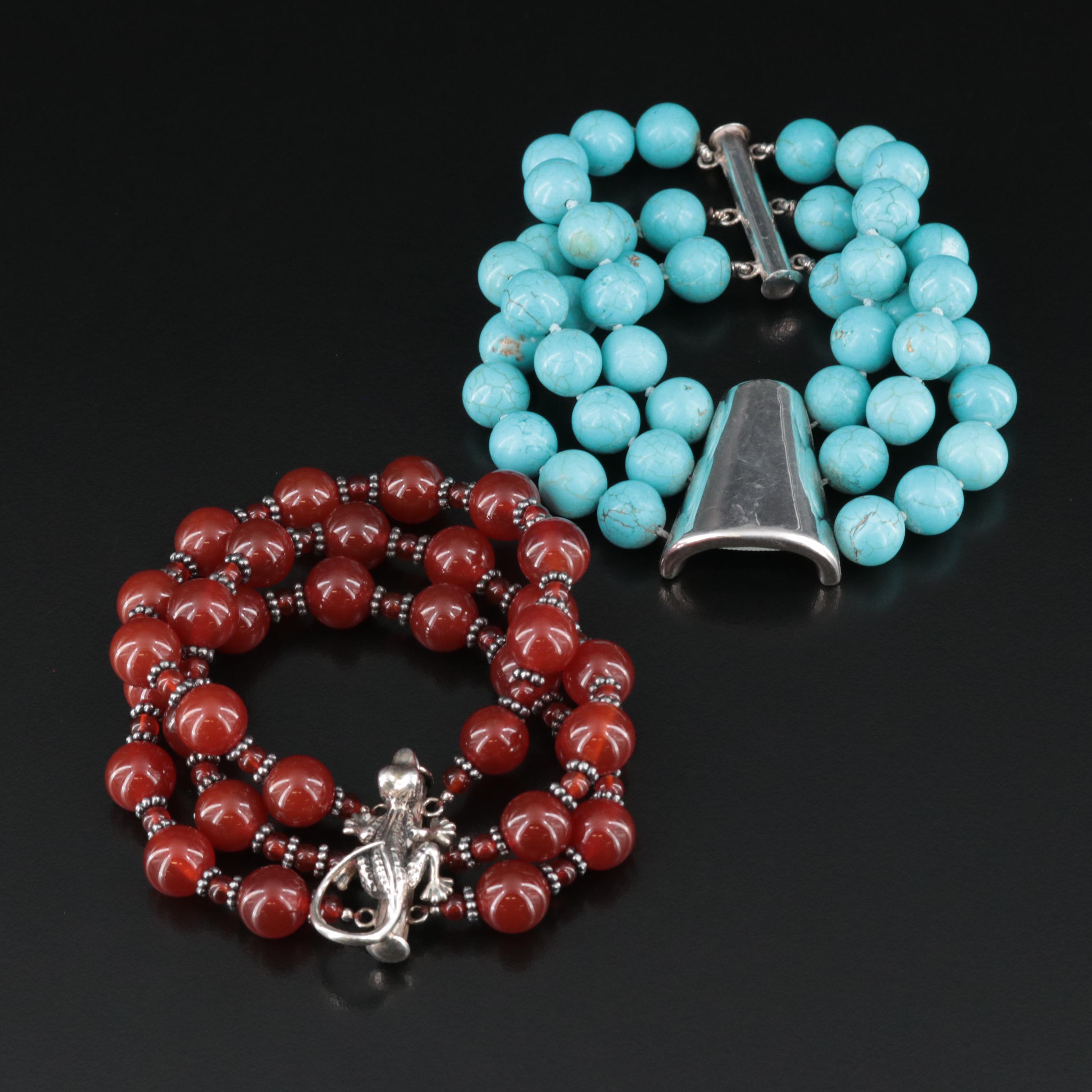 Two Blonde Lizards Carnelian and Signed Howlite Bracelets in Sterling