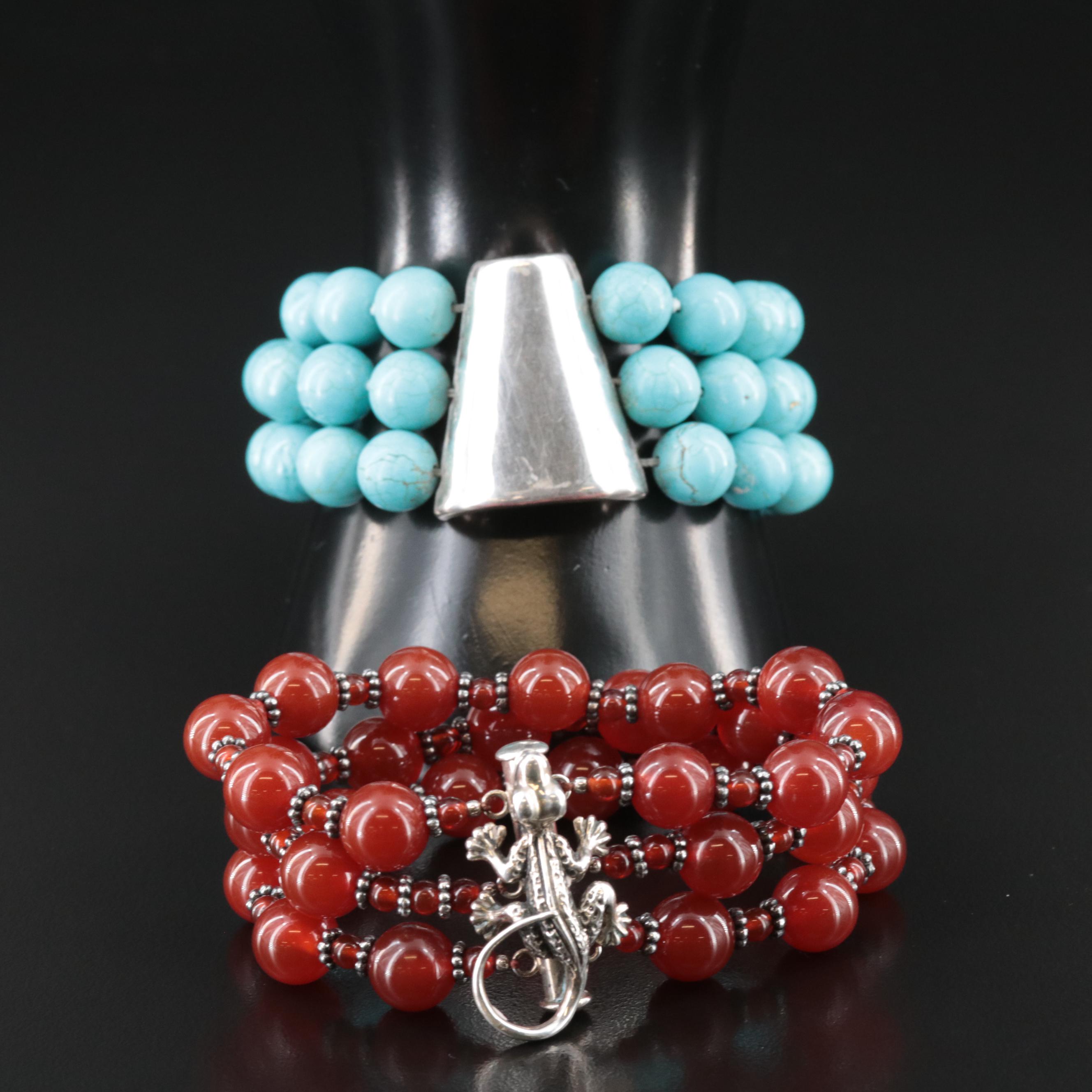 Two Blonde Lizards Carnelian and Signed Howlite Bracelets in Sterling