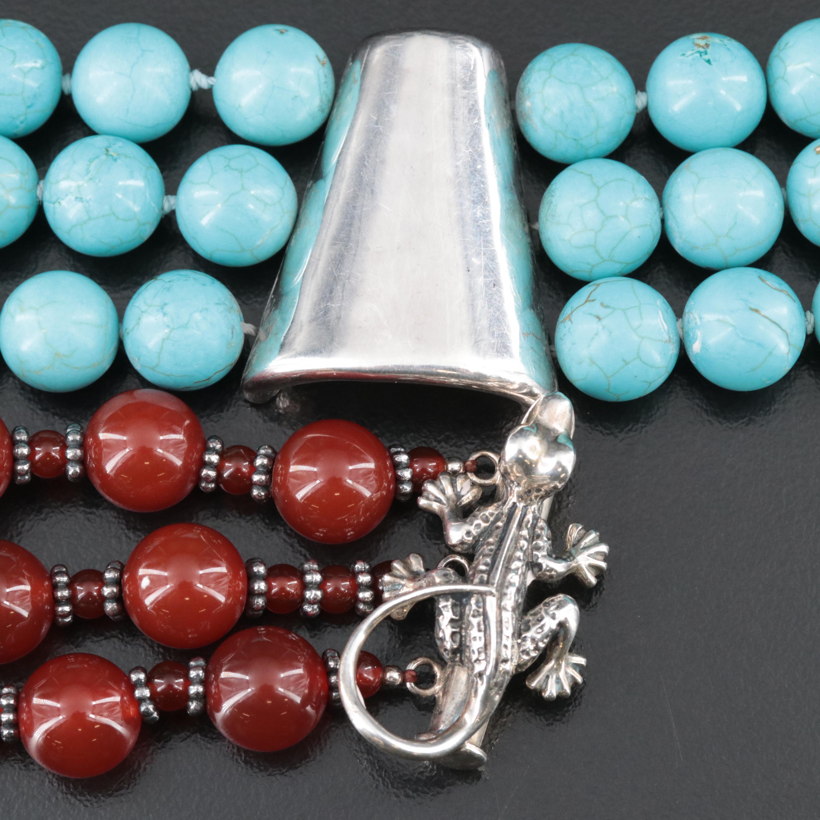 Two Blonde Lizards Carnelian and Signed Howlite Bracelets in Sterling