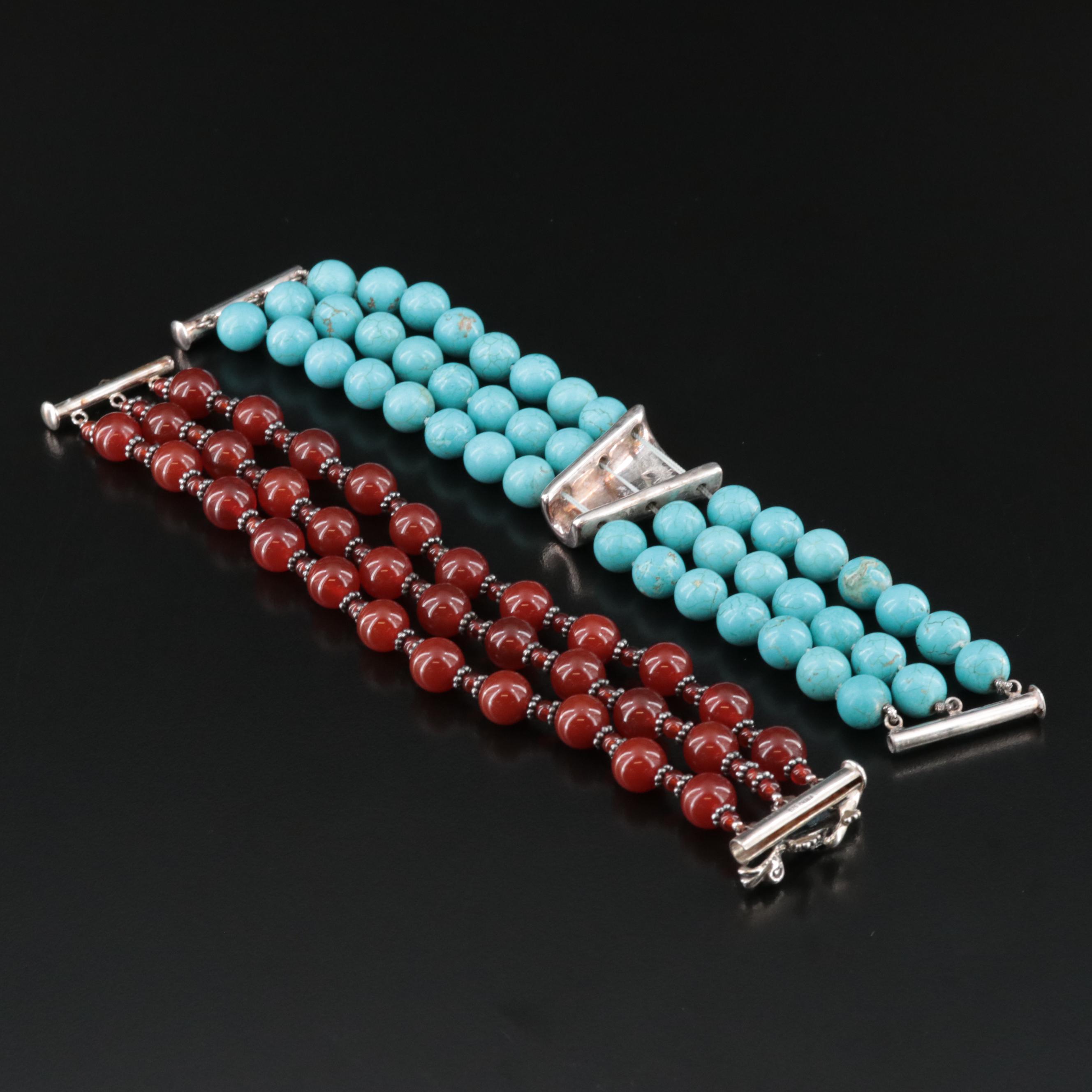 Two Blonde Lizards Carnelian and Signed Howlite Bracelets in Sterling