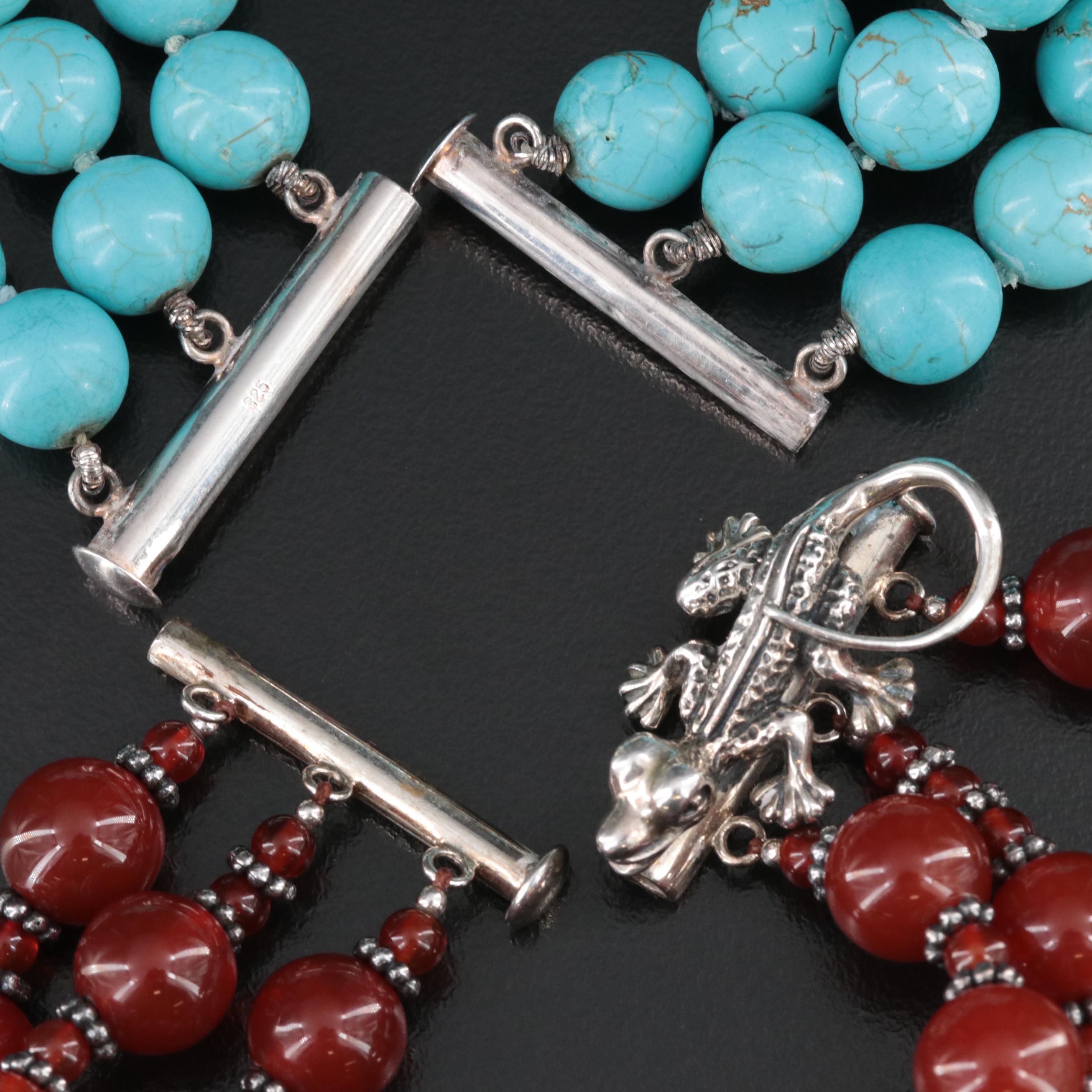 Two Blonde Lizards Carnelian and Signed Howlite Bracelets in Sterling