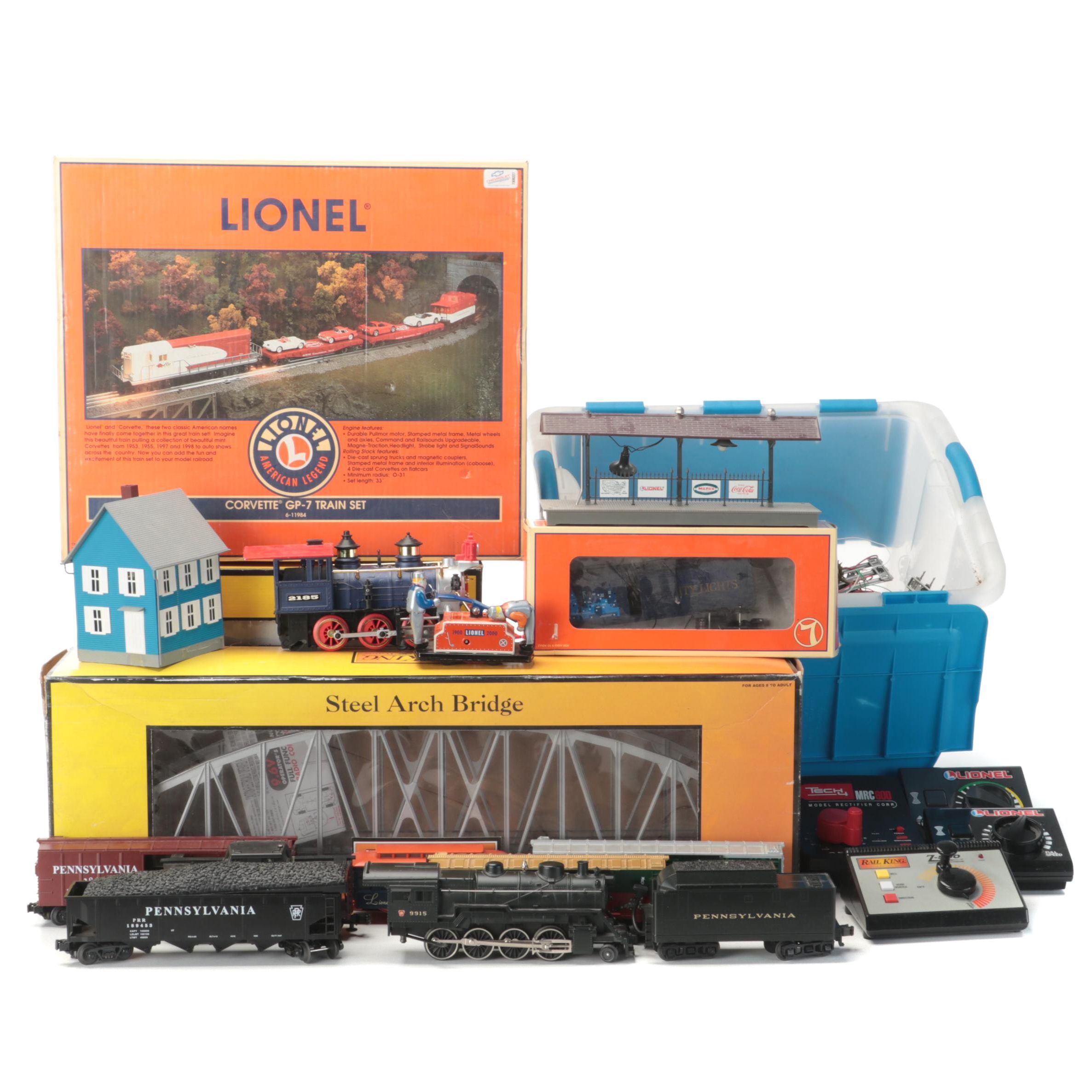 Lionel Train Set with Christmas Car, Rail King Steel Arch Bridge, Track and More