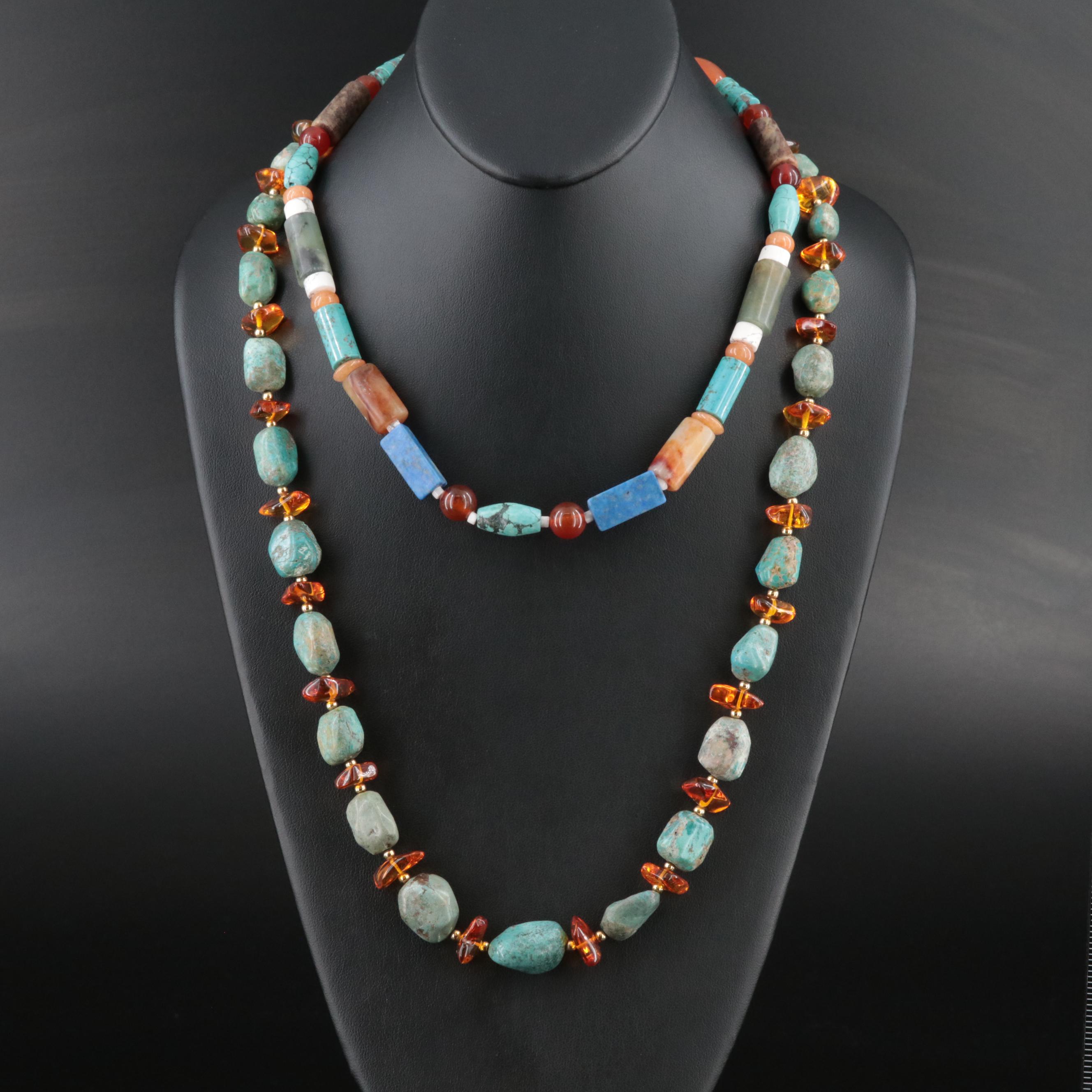 Turquoise, Amber, Lapis Lazuli and Sterling Featured in Necklaces
