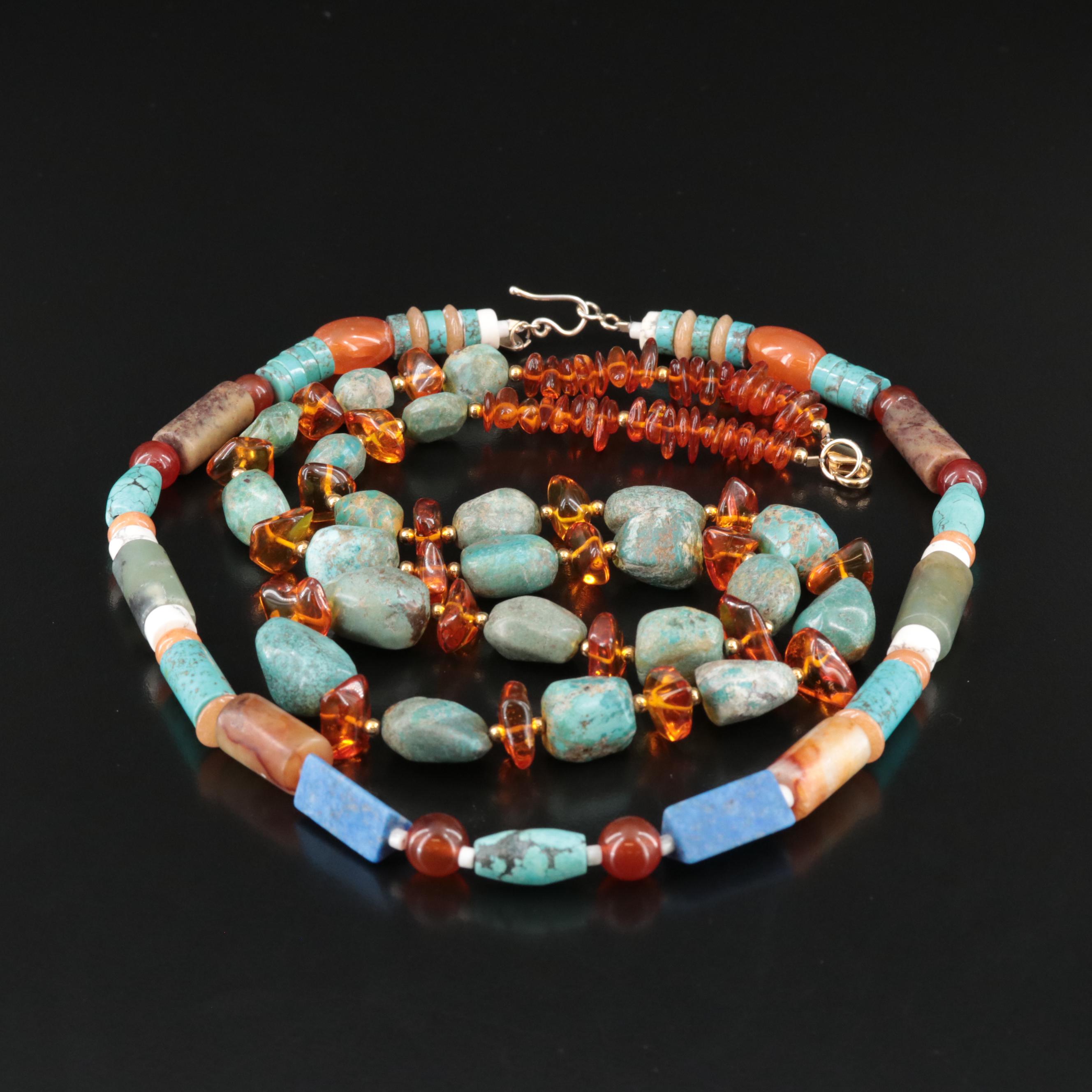 Turquoise, Amber, Lapis Lazuli and Sterling Featured in Necklaces