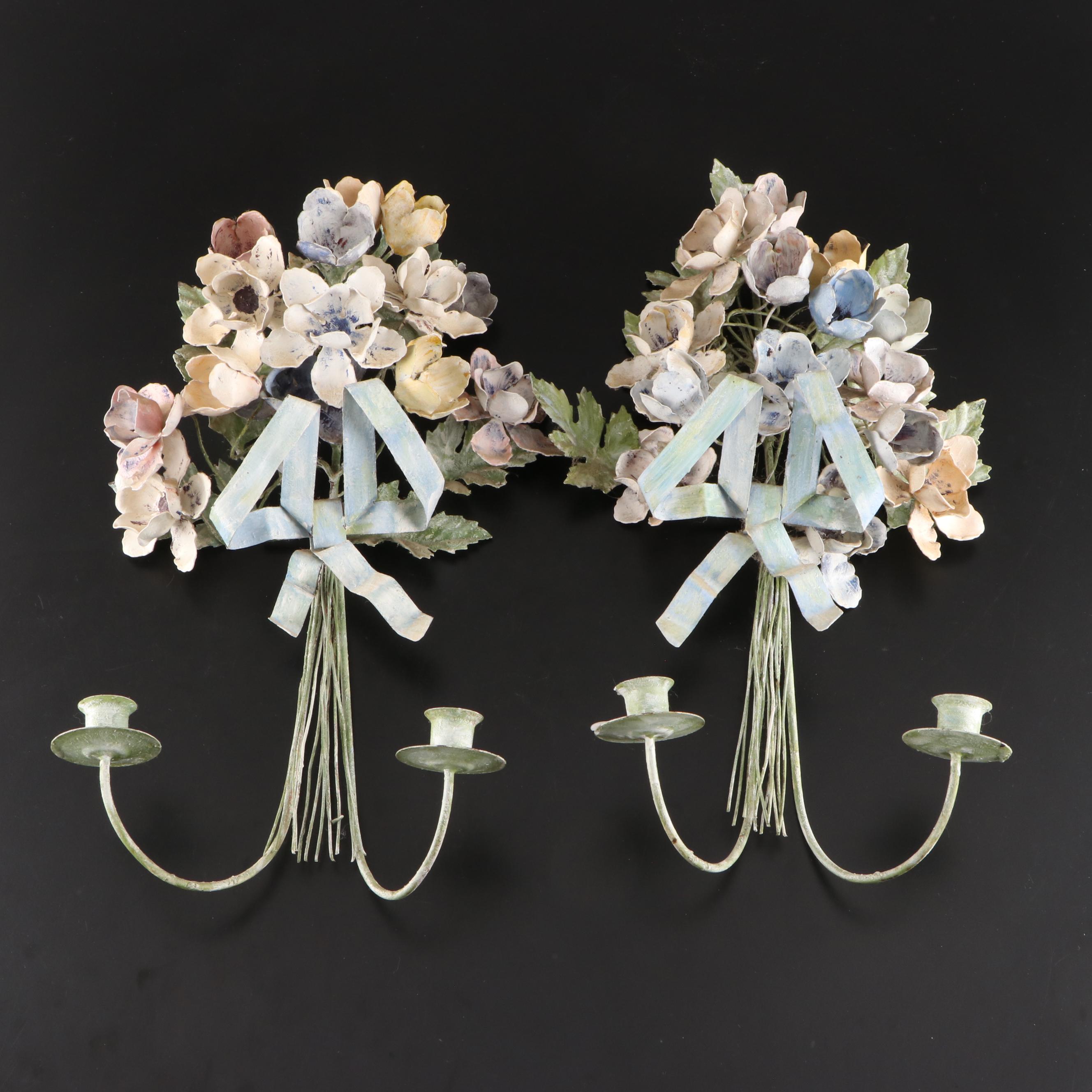 Italian Style Bouquet Topped Toleware Wall Candle Sconces, 20th Century