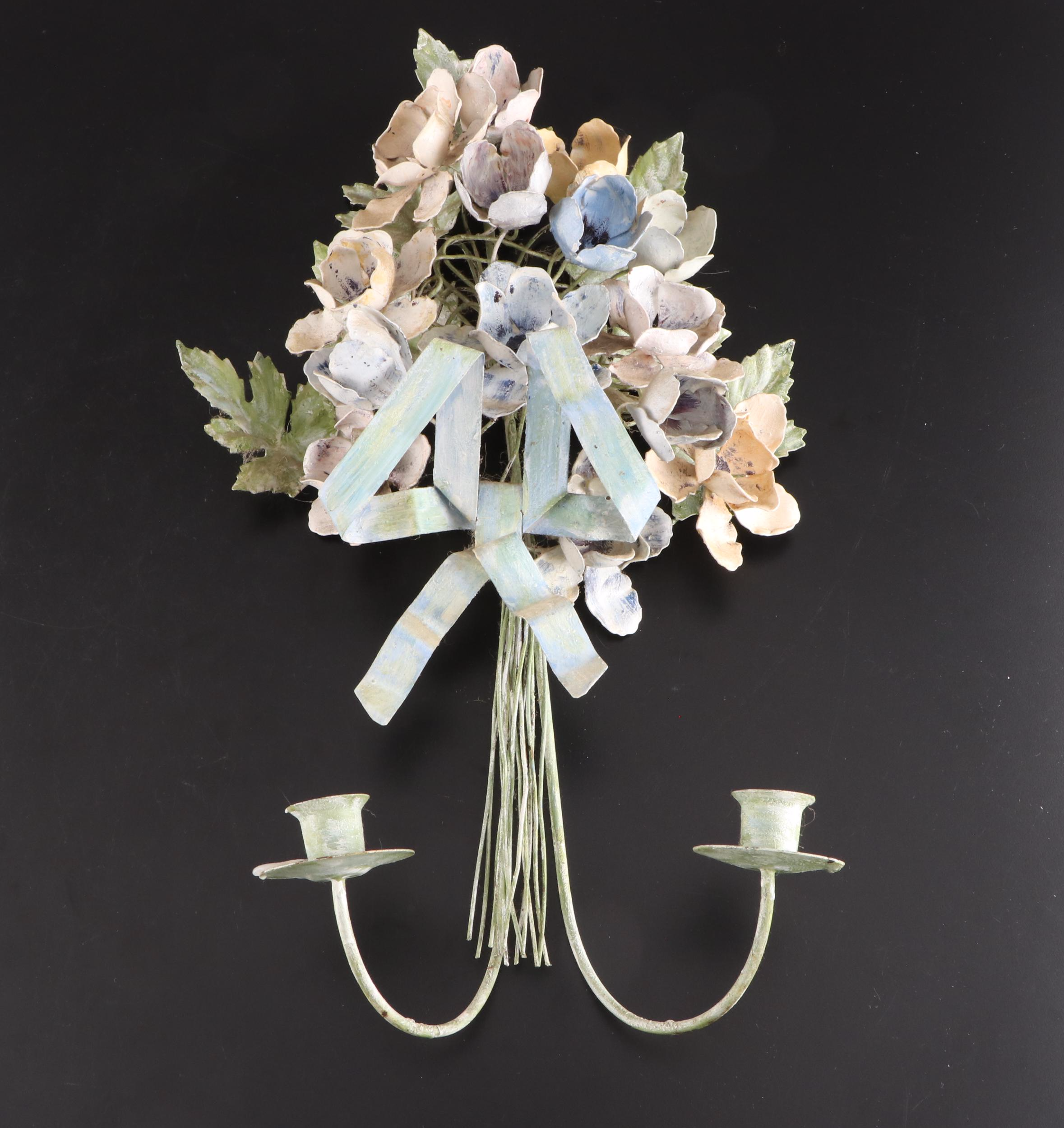 Italian Style Bouquet Topped Toleware Wall Candle Sconces, 20th Century